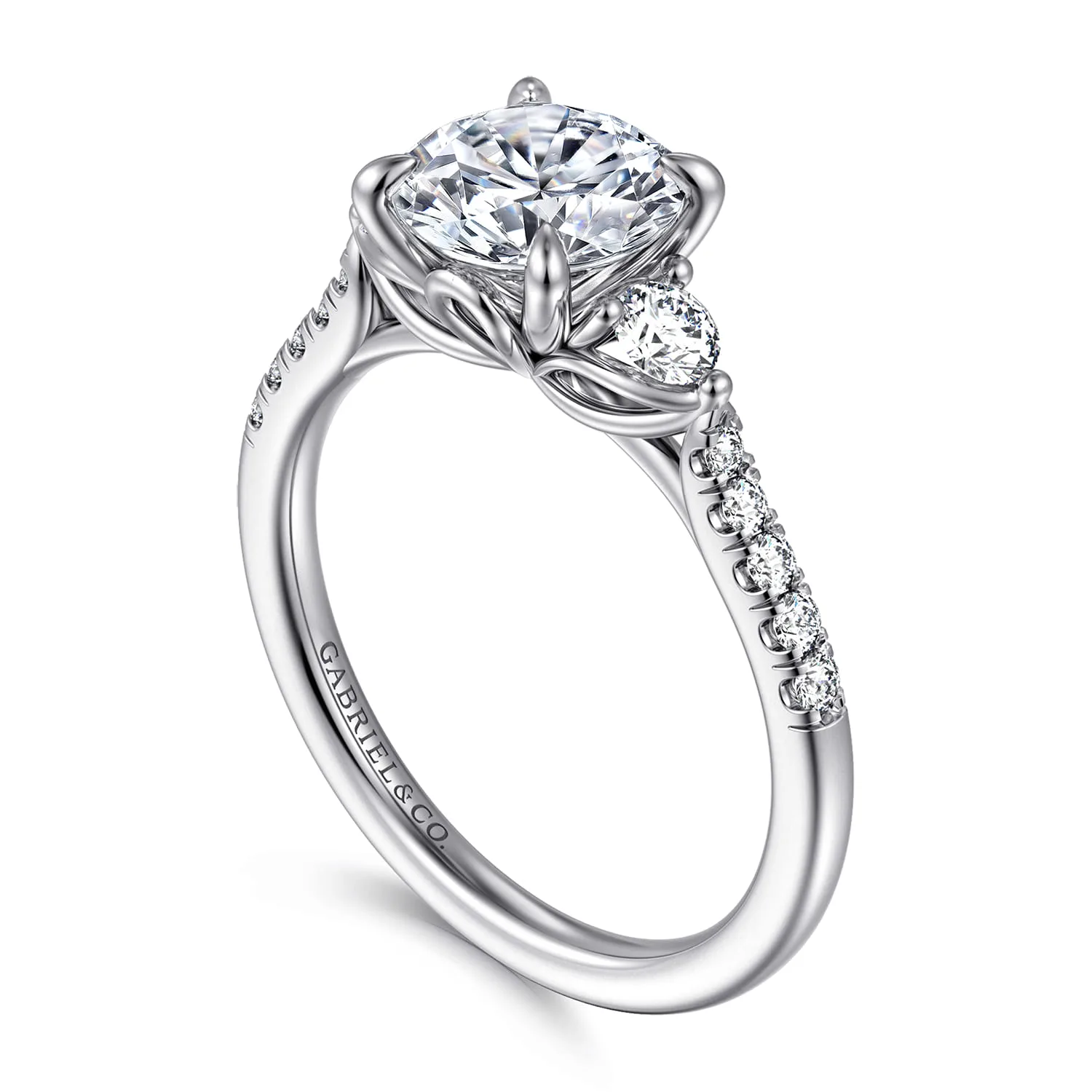 Round Three Stone Lotus Diamond Engagement Ring in 14K White Gold, photograph 3