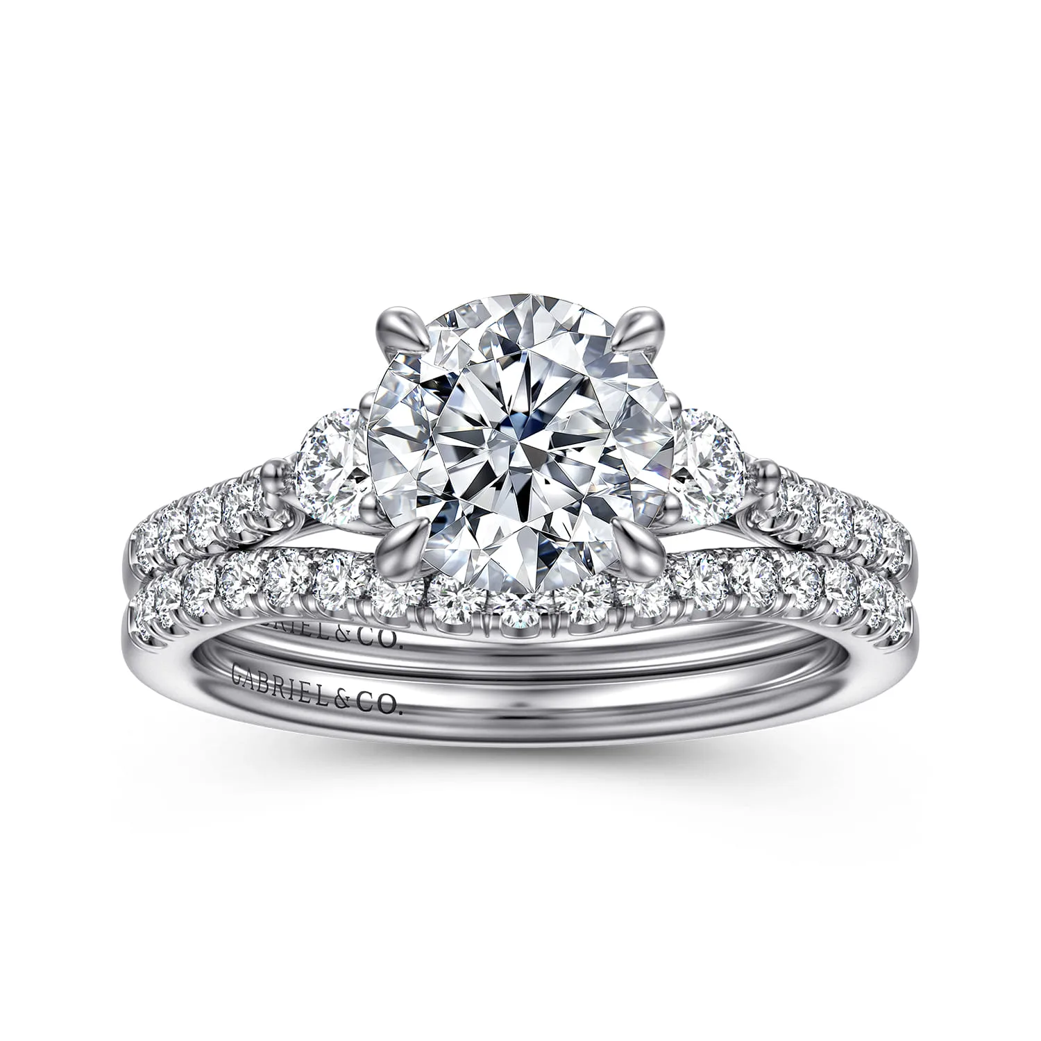 Round Three Stone Lotus Diamond Engagement Ring in 14K White Gold, photograph 4