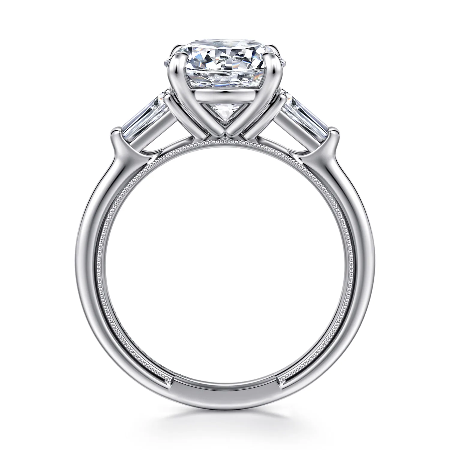 Round Three Stone Diamond Engagement Ring in 14K White Gold, photograph 2