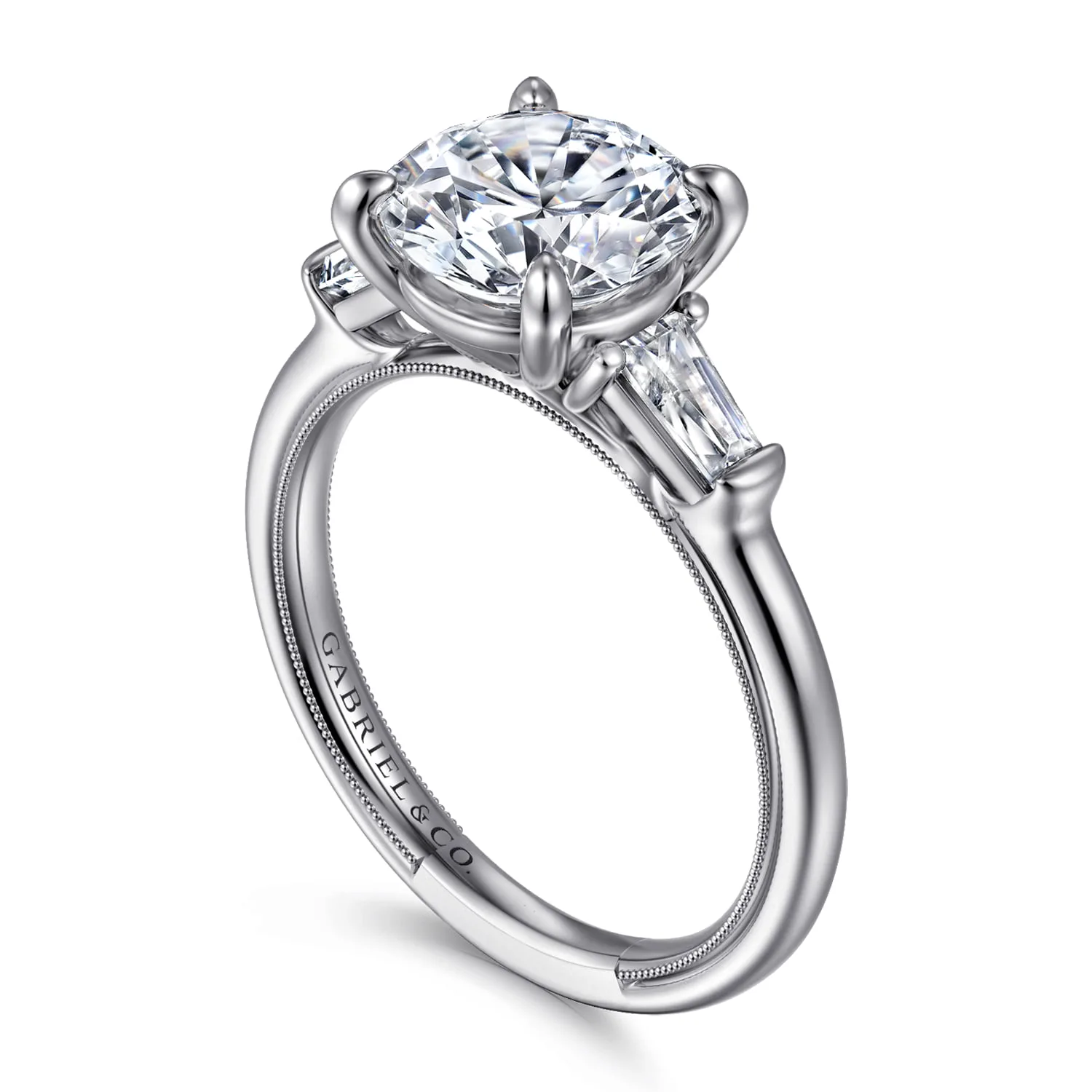 Round Three Stone Diamond Engagement Ring in 14K White Gold, photograph 3