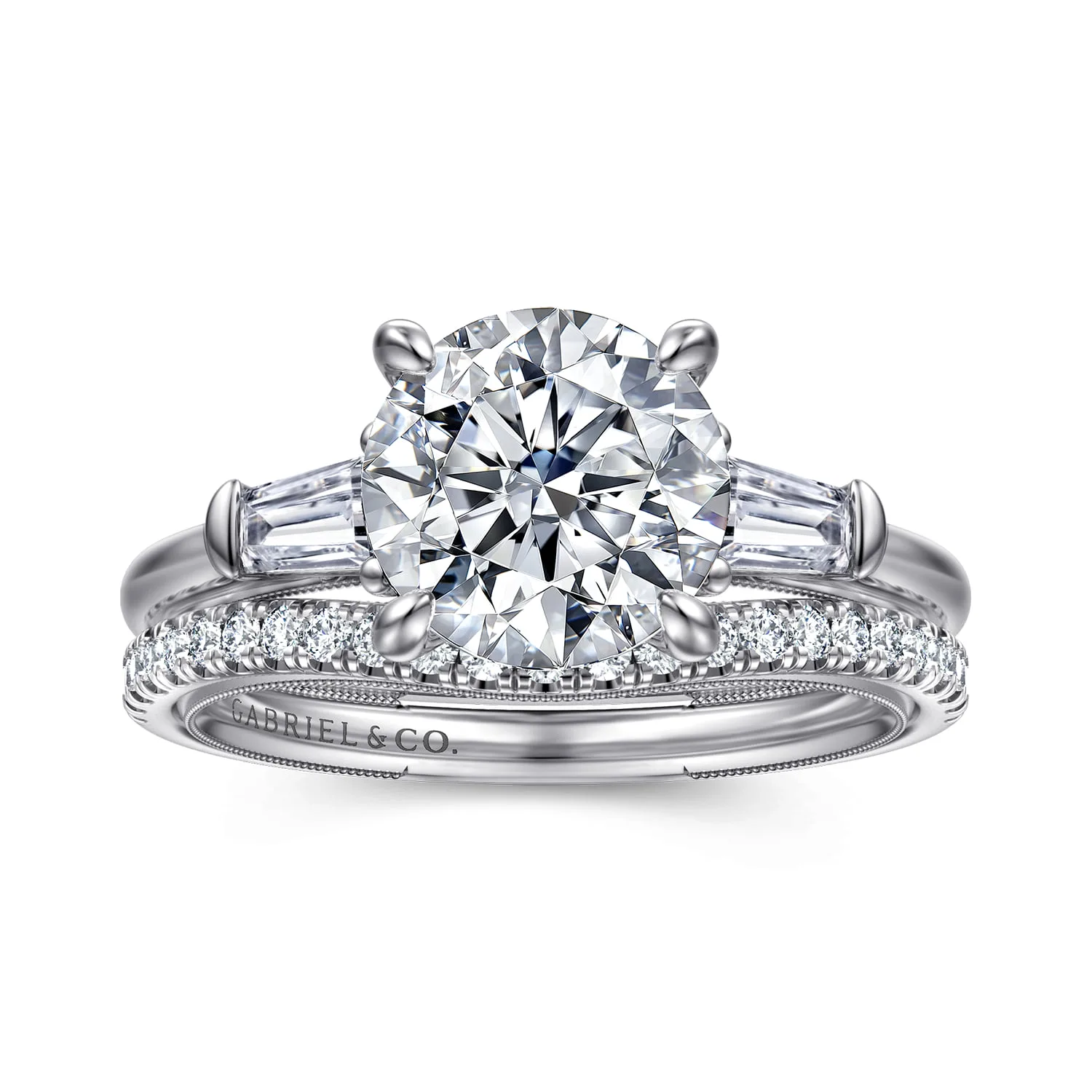 Round Three Stone Diamond Engagement Ring in 14K White Gold, photograph 4