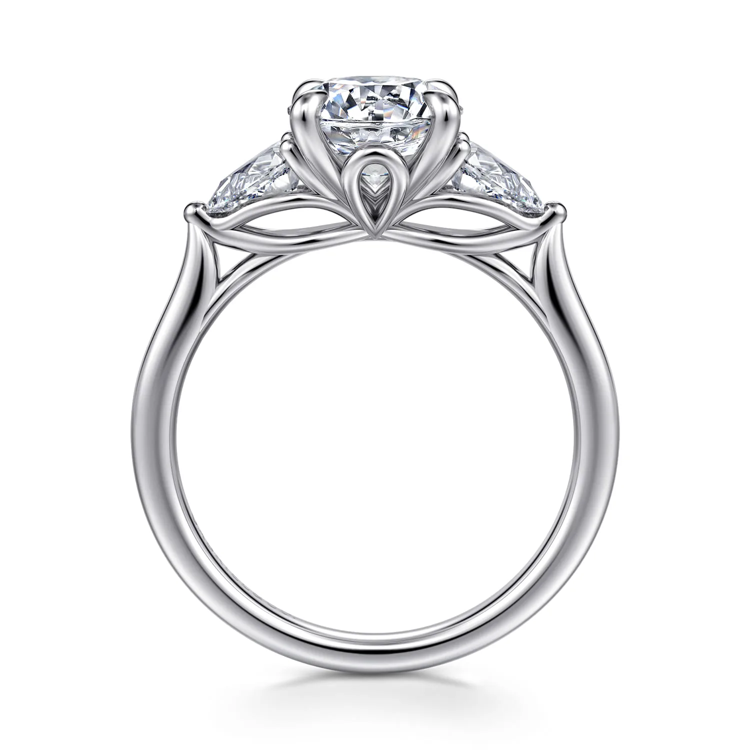 Round Three Stone Lotus Diamond Engagement Ring in 14K White Gold, photograph 2
