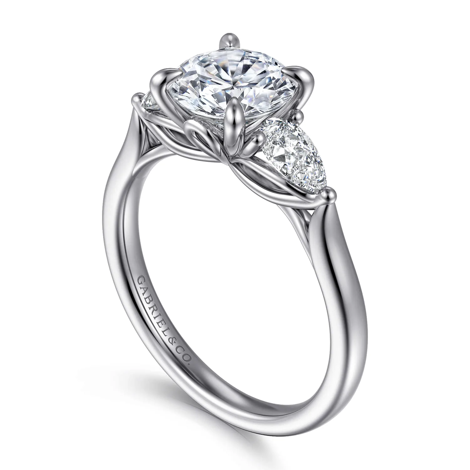 Round Three Stone Lotus Diamond Engagement Ring in 14K White Gold, photograph 3