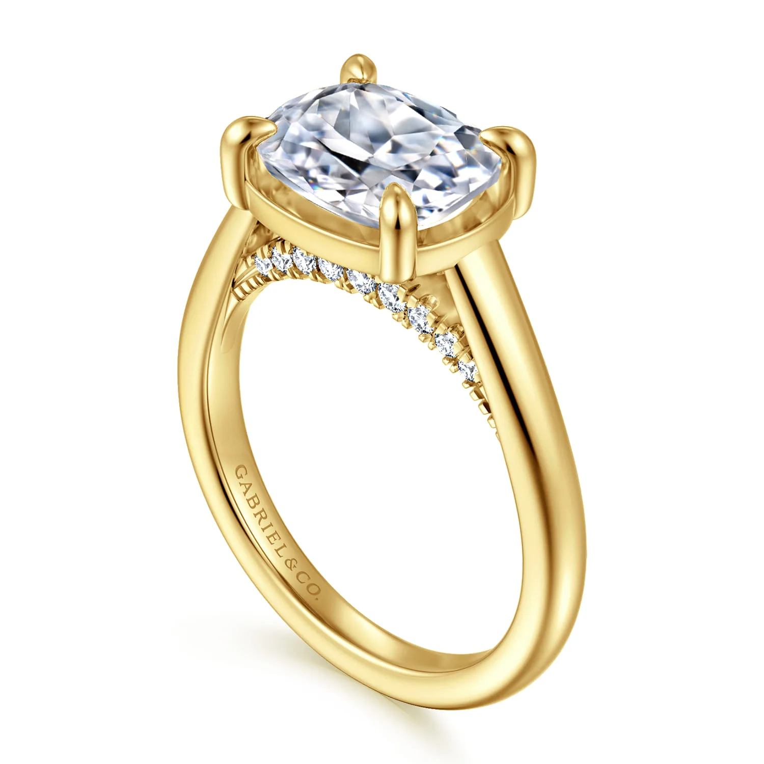 Elongated Cushion East West Diamond Engagement Ring in 14K Yellow Gold, photograph 3