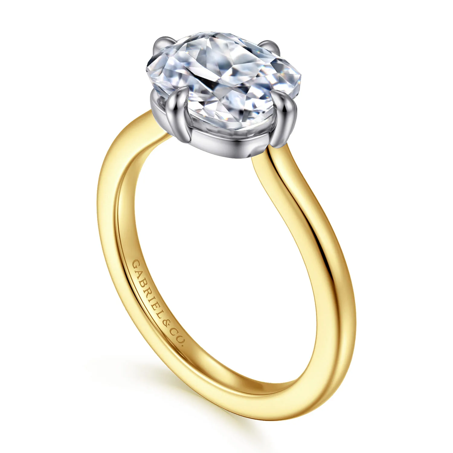 Elongated Cushion East West Compass Prong Solitaire Diamond Engagement Ring in 14K White/Yellow Gold, photograph 3