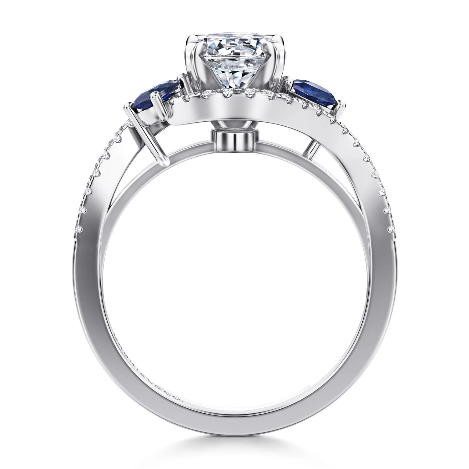 Round Three Stone Sapphire and Diamond Engagement Ring in 14K White Gold, photograph 2
