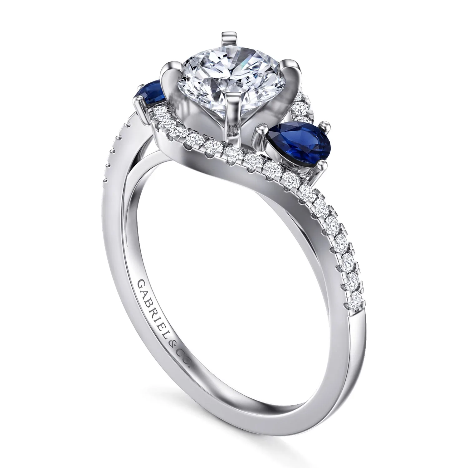 Round Three Stone Sapphire and Diamond Engagement Ring in 14K White Gold, photograph 3