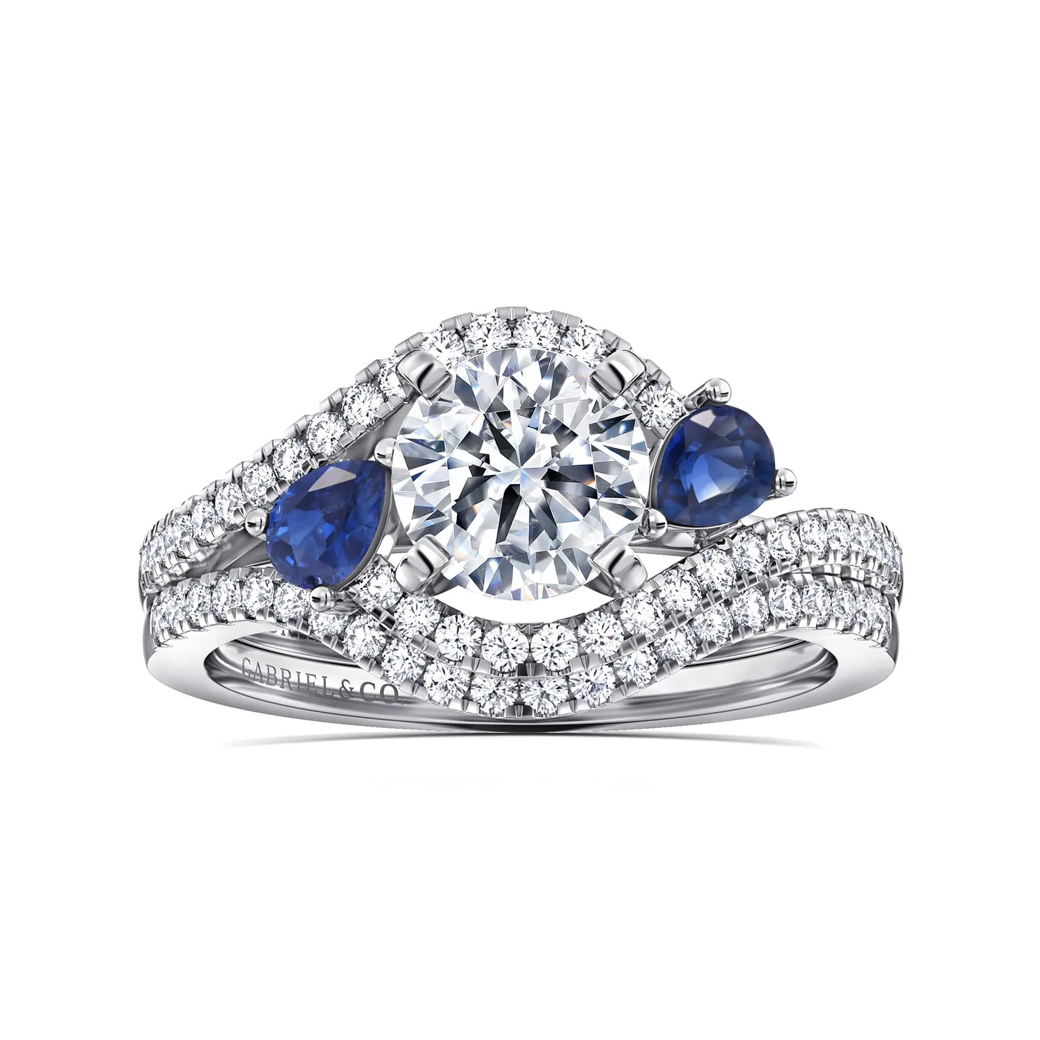 Round Three Stone Sapphire and Diamond Engagement Ring in 14K White Gold, photograph 4