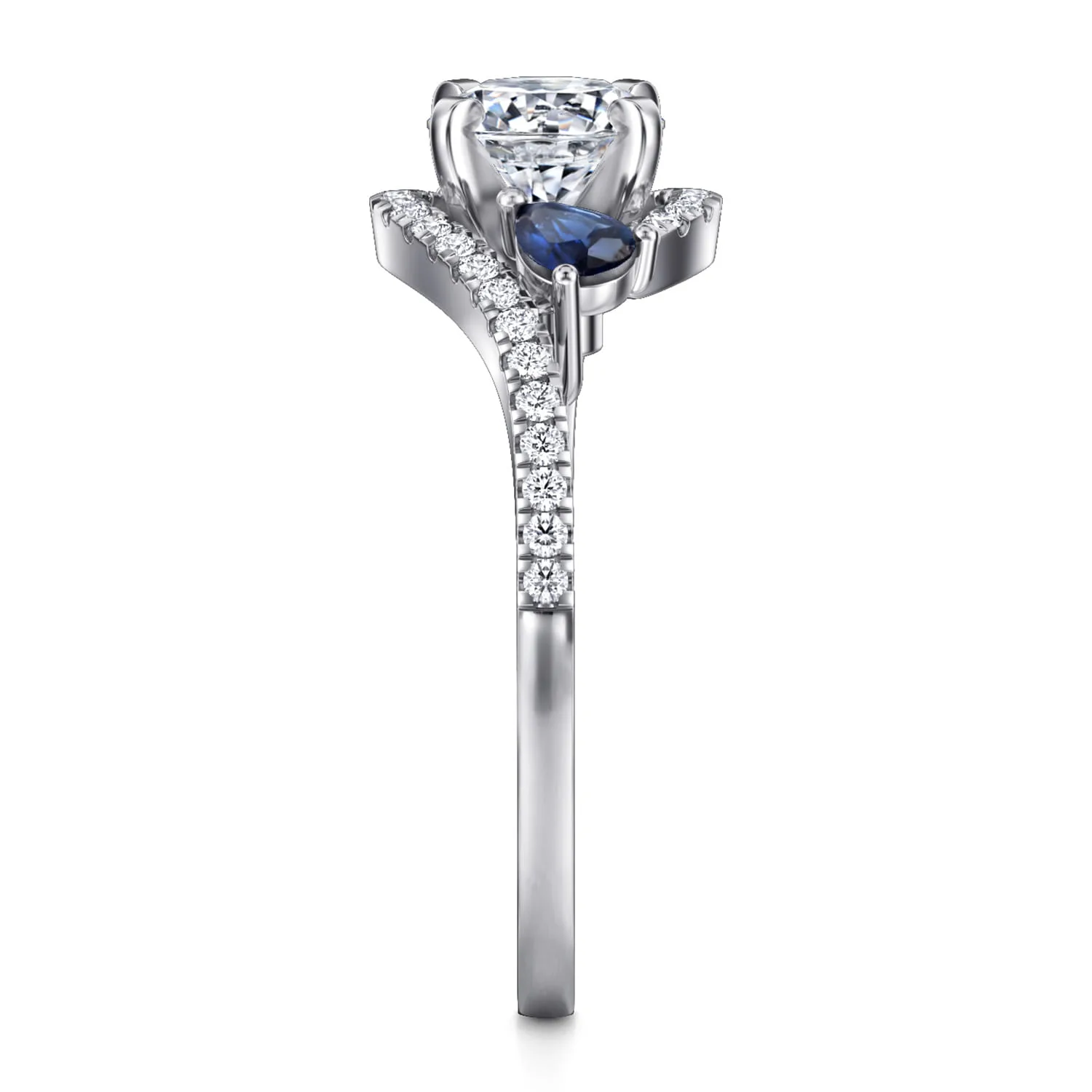 Round Three Stone Sapphire and Diamond Engagement Ring in 14K White Gold, photograph 5