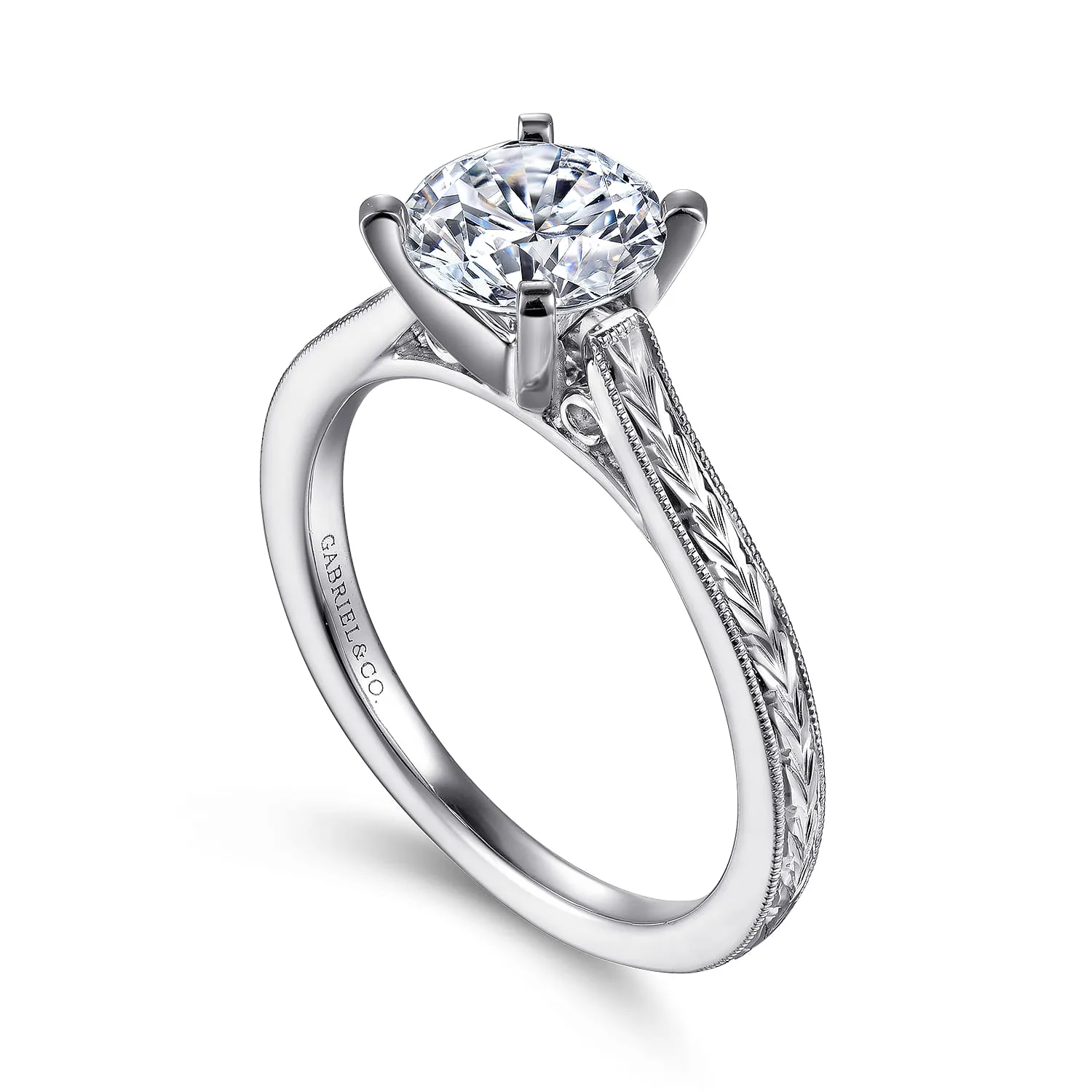 Round Vintage Inspired Solitaire Engagement Ring in 14K White Gold, photograph 3