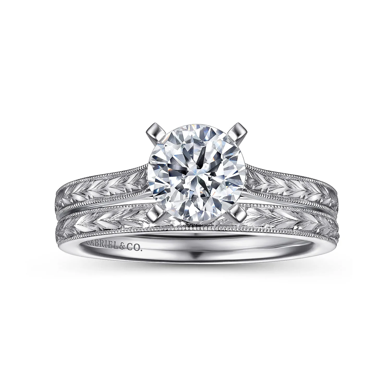 Round Vintage Inspired Solitaire Engagement Ring in 14K White Gold, photograph 4