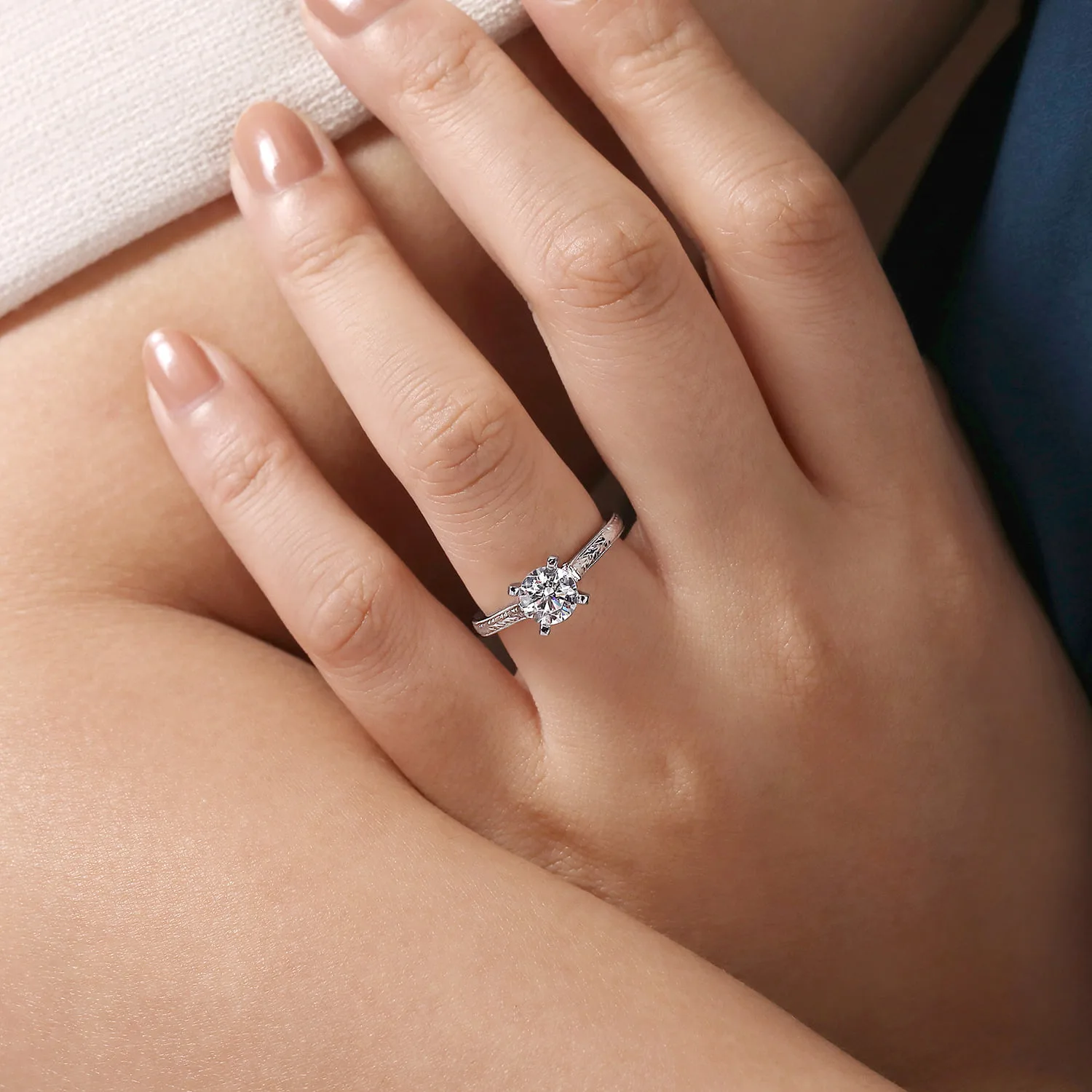 Round Vintage Inspired Solitaire Engagement Ring in 14K White Gold, photograph 6