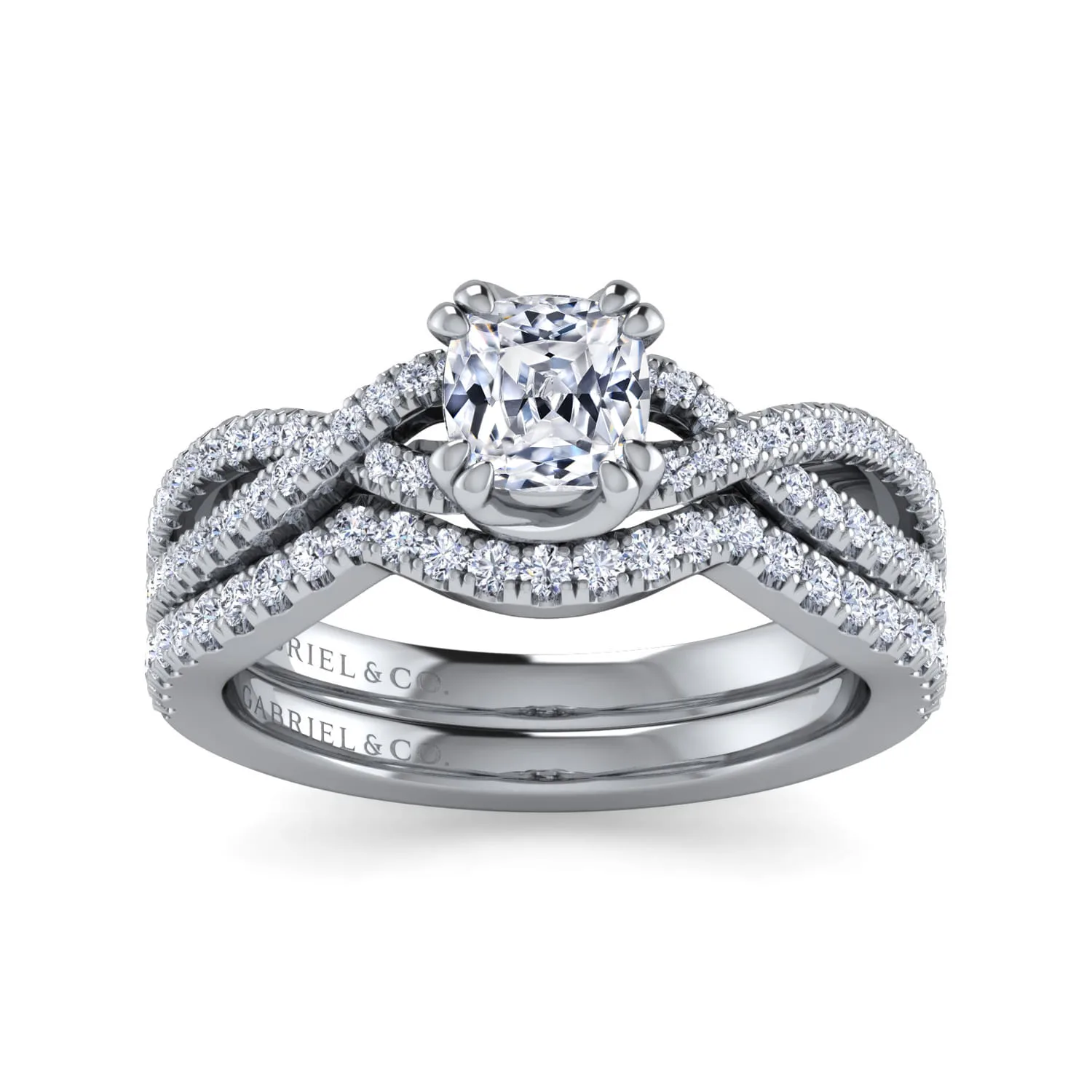 Cushion Twisted Diamond Engagement Ring in 14K White Gold, photograph 4