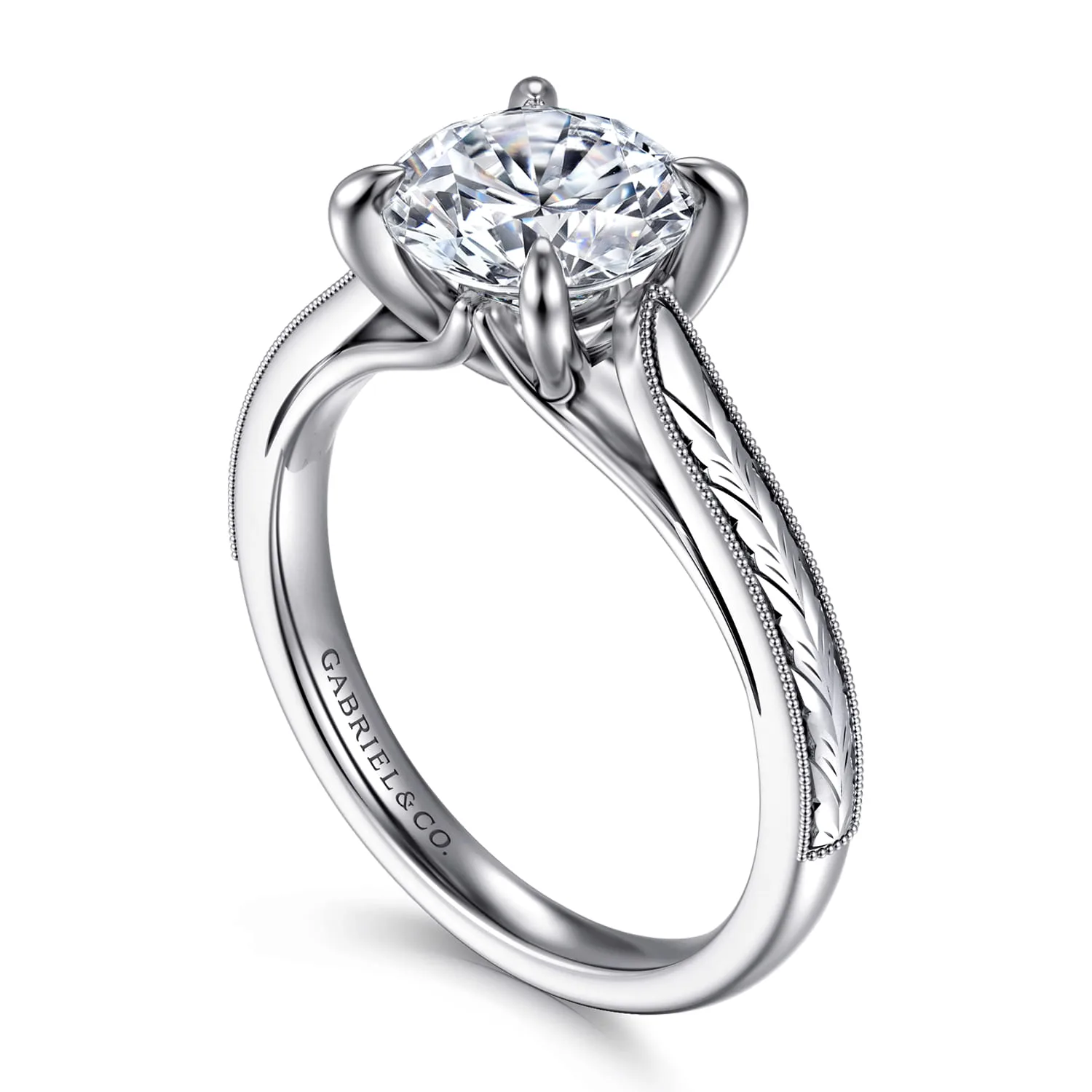 Round Vintage Inspired Solitaire Diamond Engagement Ring in 14K White Gold, photograph 3