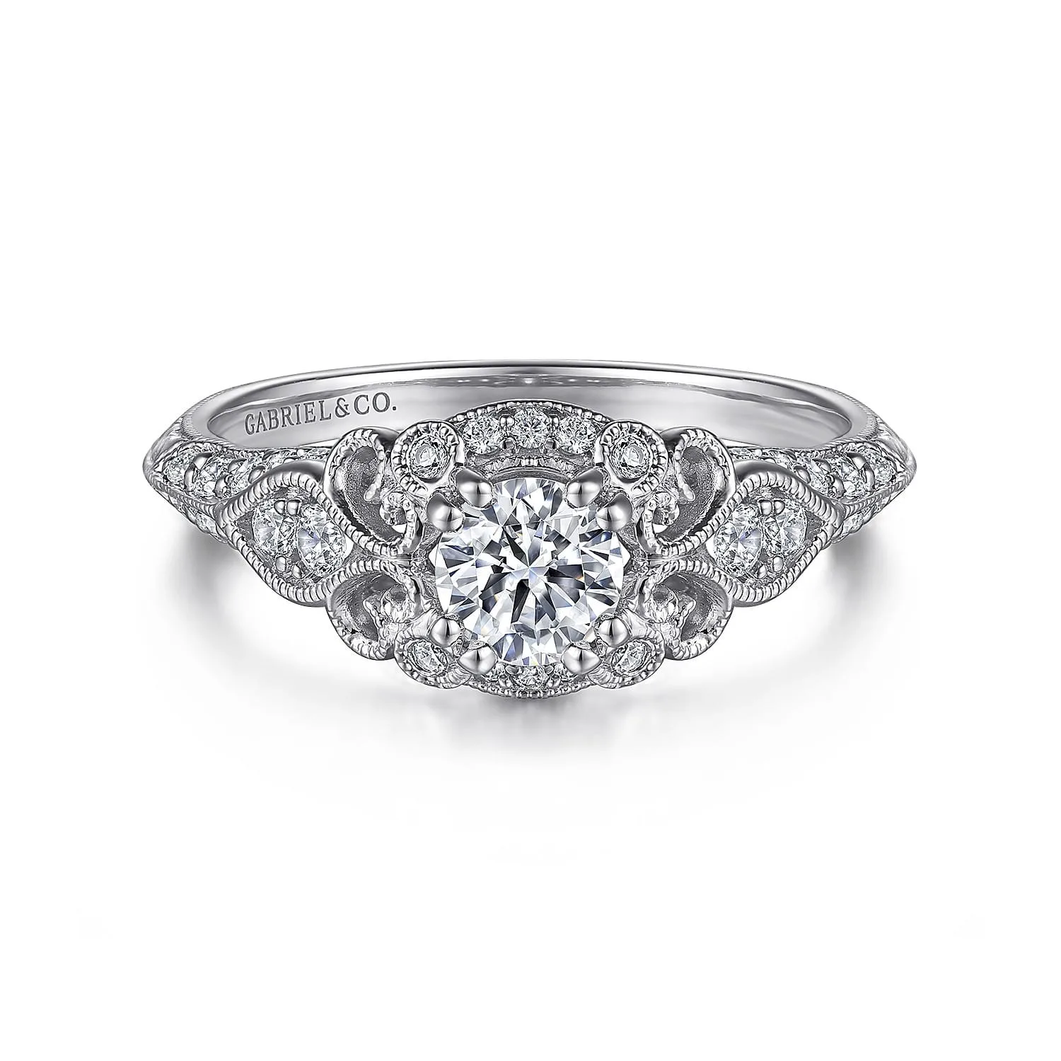 Round Vintage Inspired Halo Complete Diamond Engagement Ring in 14K White Gold