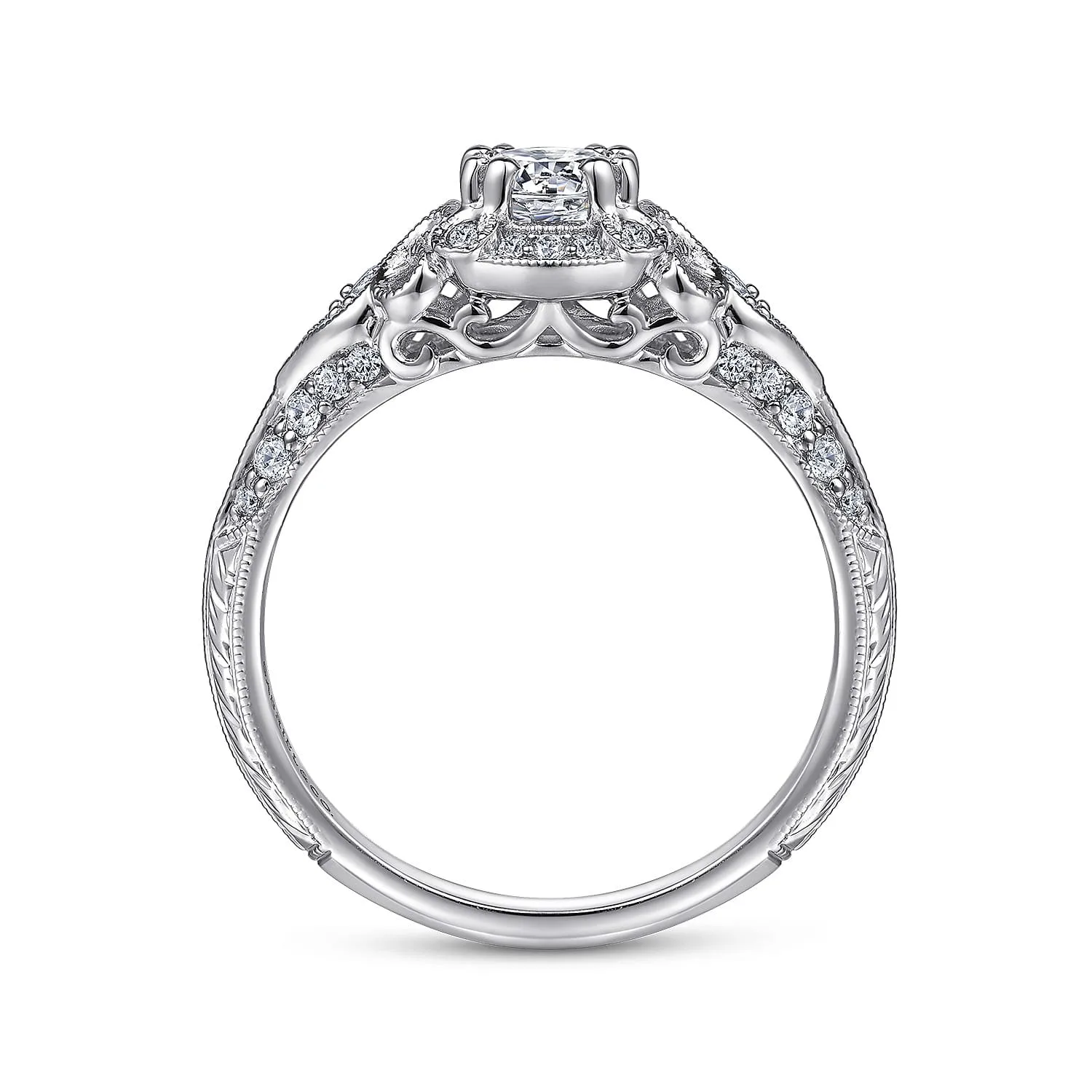 Round Vintage Inspired Halo Complete Diamond Engagement Ring in 14K White Gold, photograph 2