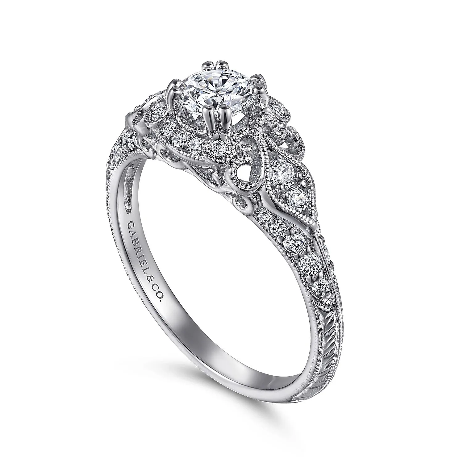 Round Vintage Inspired Halo Complete Diamond Engagement Ring in 14K White Gold, photograph 3