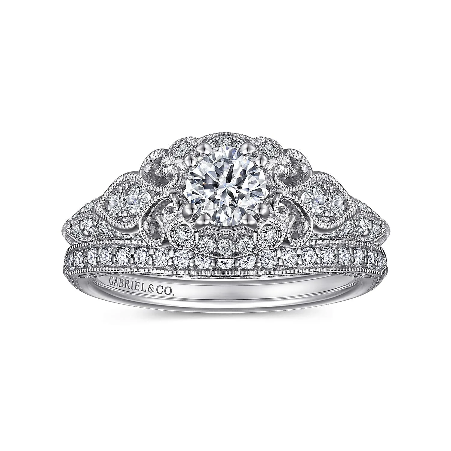 Round Vintage Inspired Halo Complete Diamond Engagement Ring in 14K White Gold, photograph 4