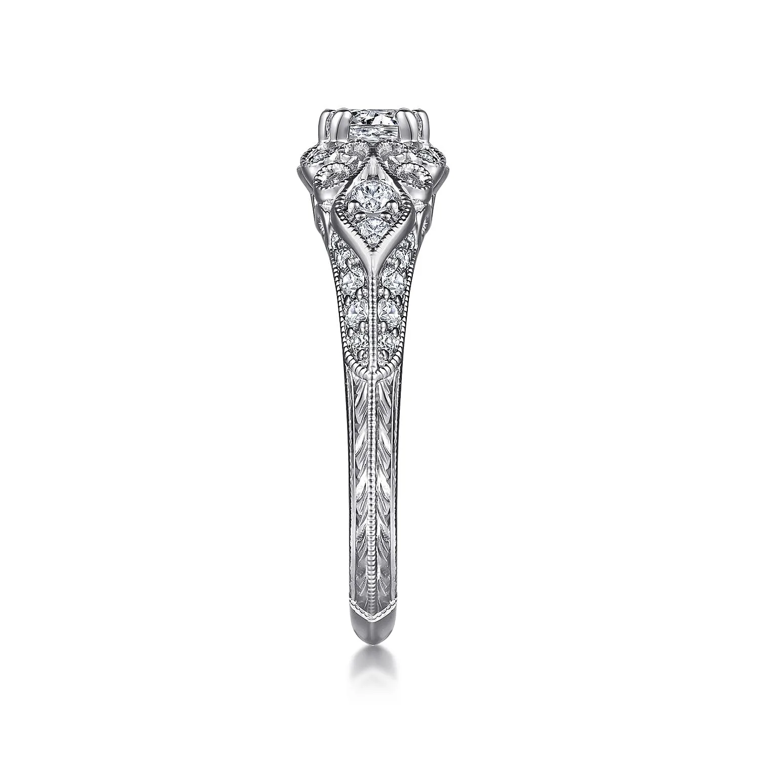 Round Vintage Inspired Halo Complete Diamond Engagement Ring in 14K White Gold, photograph 5