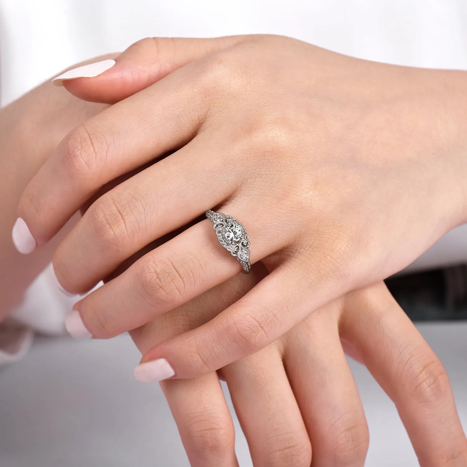Round Vintage Inspired Halo Complete Diamond Engagement Ring in 14K White Gold, photograph 6