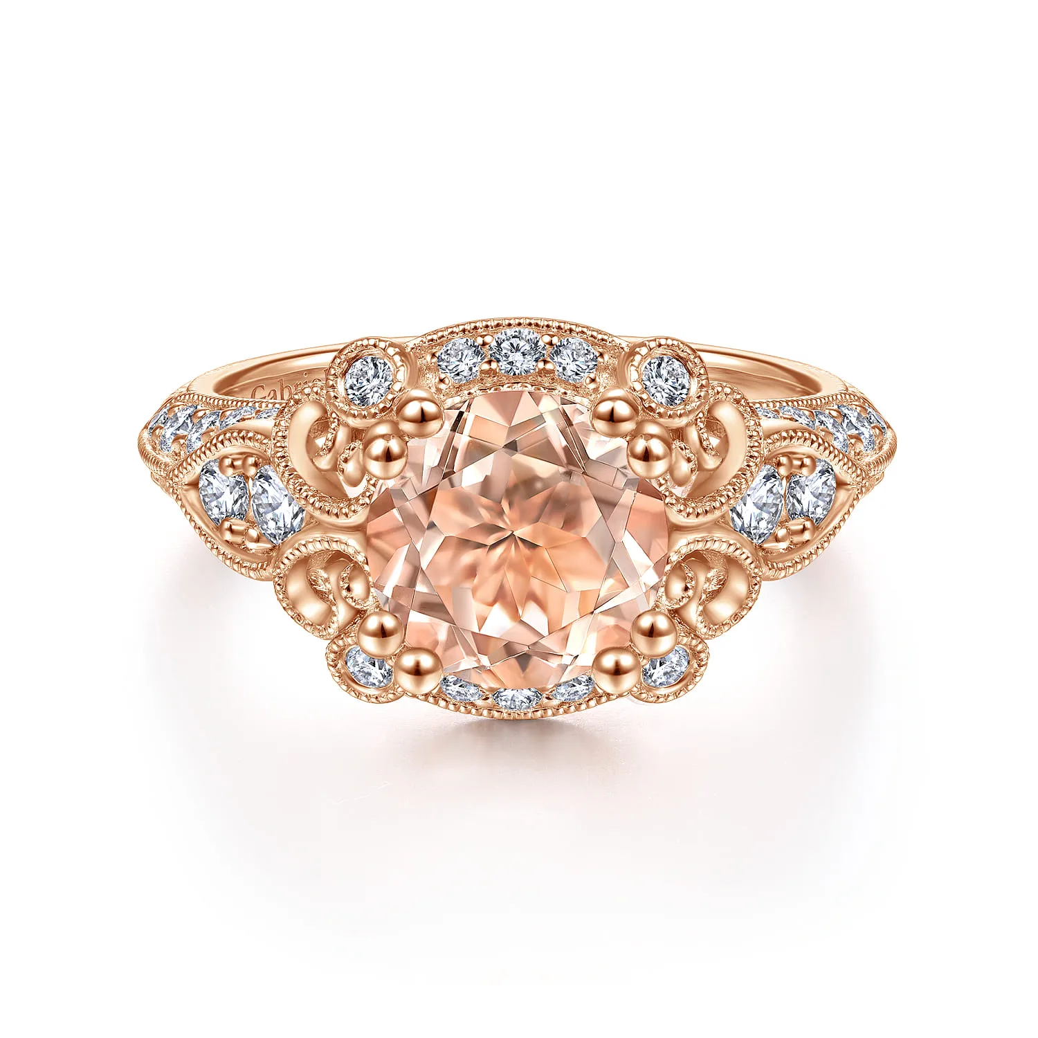 Vintage Inspired Round Halo Morganite and Diamond Engagement Ring