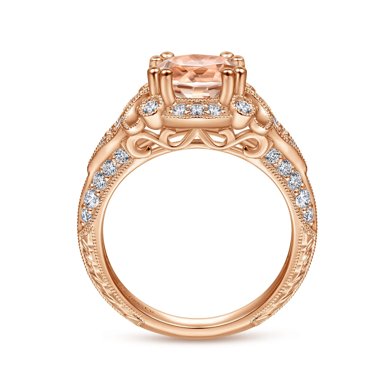 Vintage Inspired Round Halo Morganite and Diamond Engagement Ring in 14K Rose Gold, photograph 2