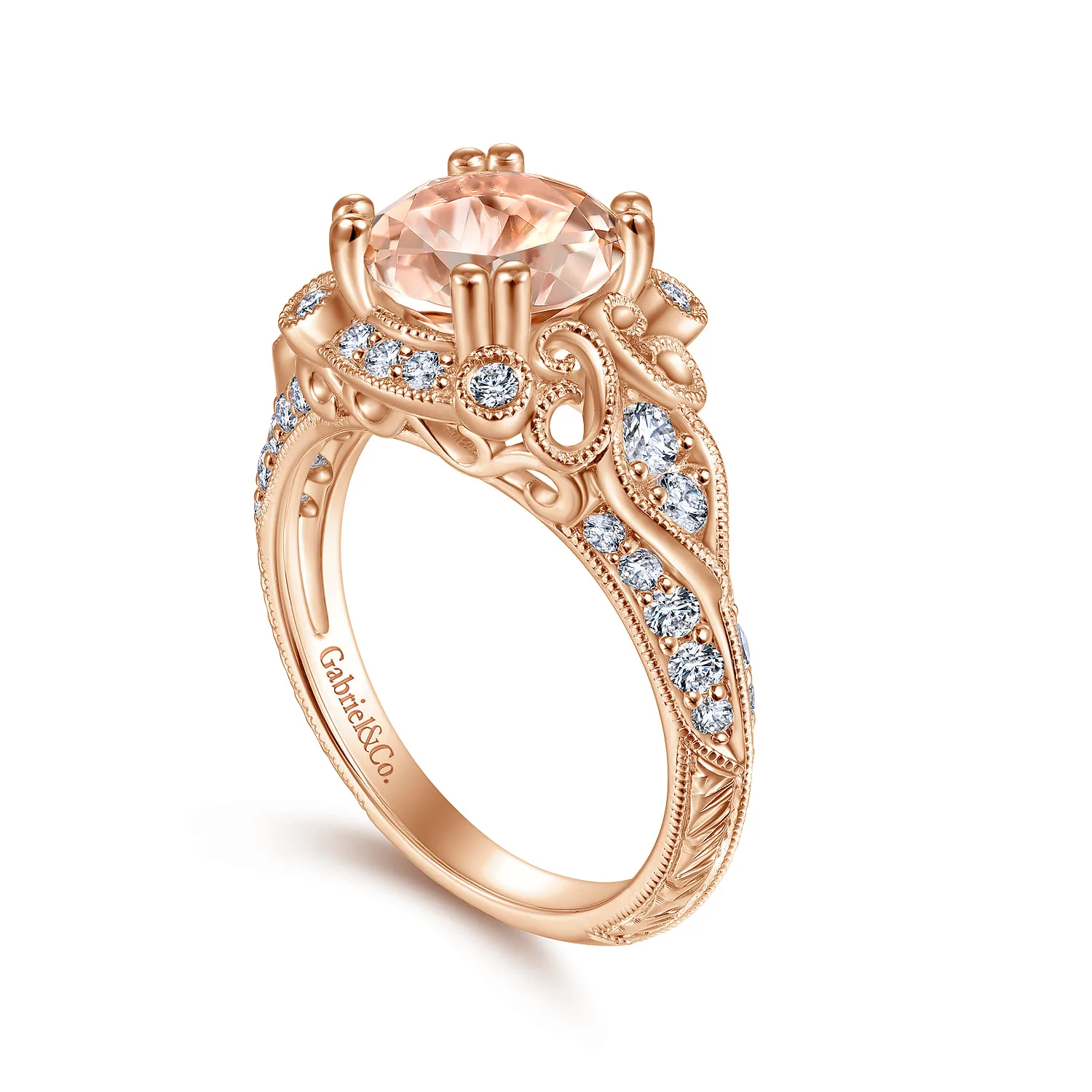 Vintage Inspired Round Halo Morganite and Diamond Engagement Ring in 14K Rose Gold, photograph 3