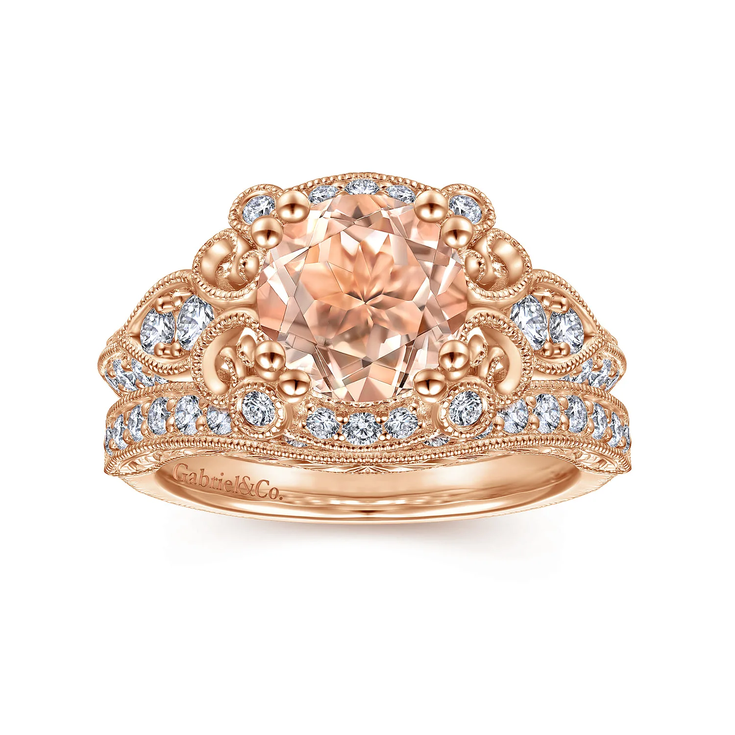Vintage Inspired Round Halo Morganite and Diamond Engagement Ring in 14K Rose Gold, photograph 4