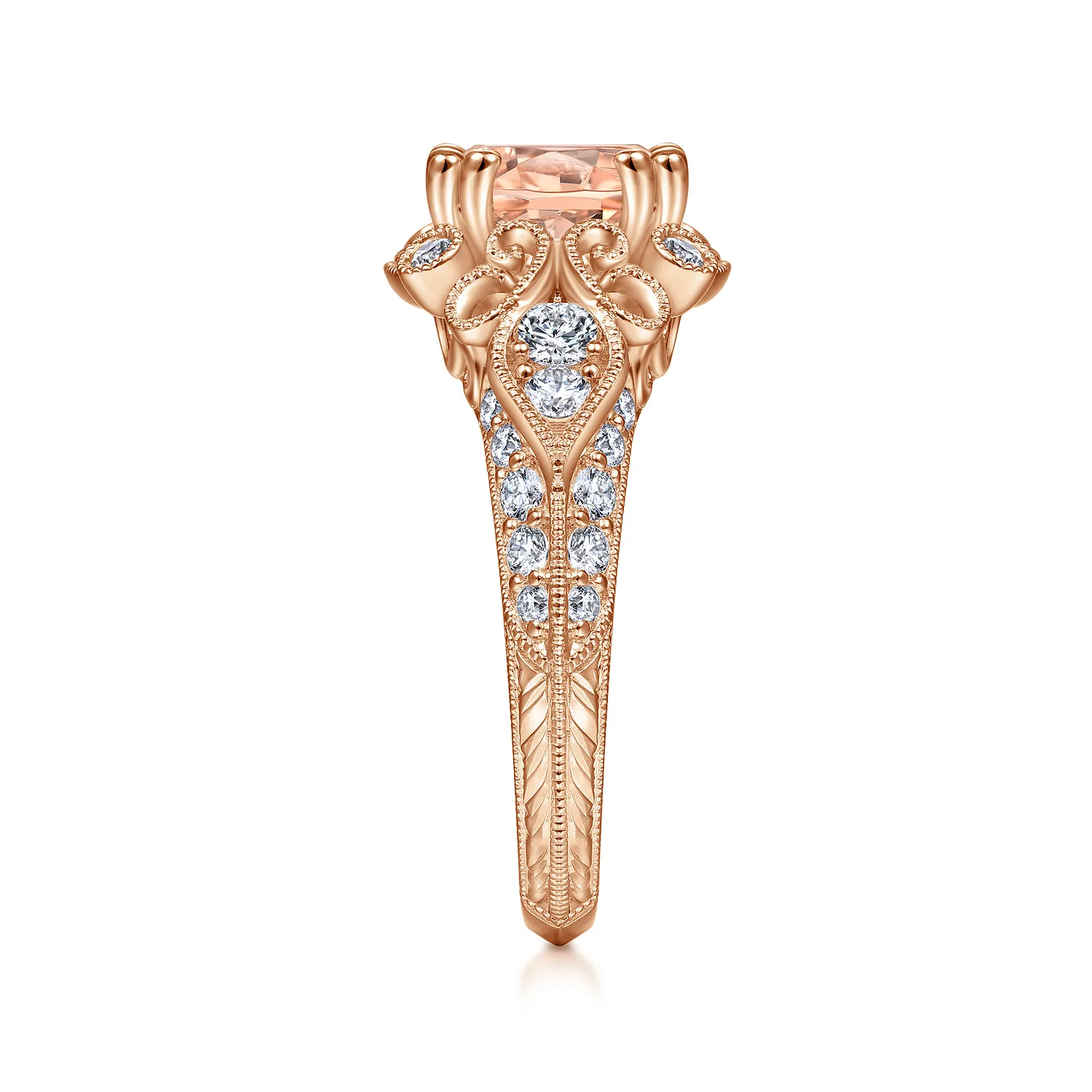 Vintage Inspired Round Halo Morganite and Diamond Engagement Ring in 14K Rose Gold, photograph 5