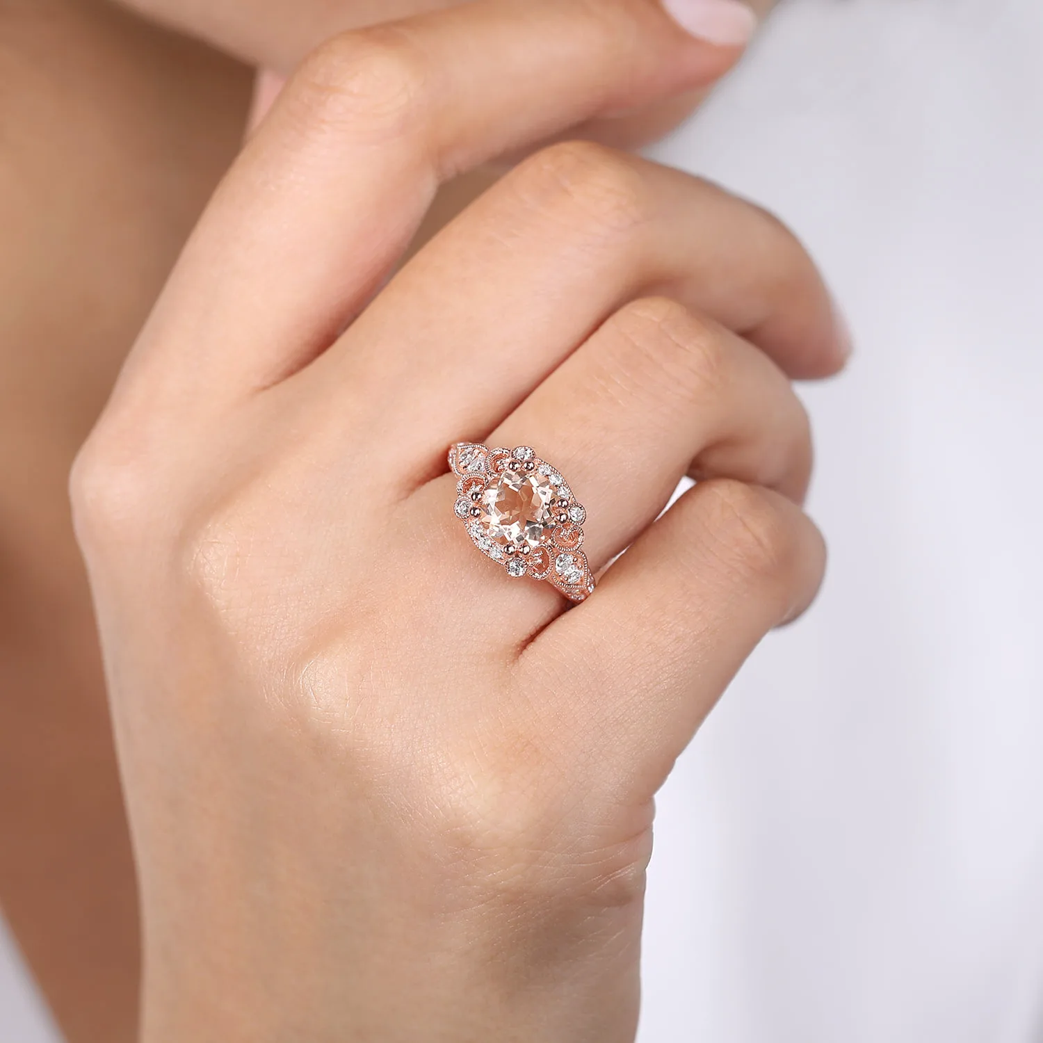 Vintage Inspired Round Halo Morganite and Diamond Engagement Ring in 14K Rose Gold, photograph 6