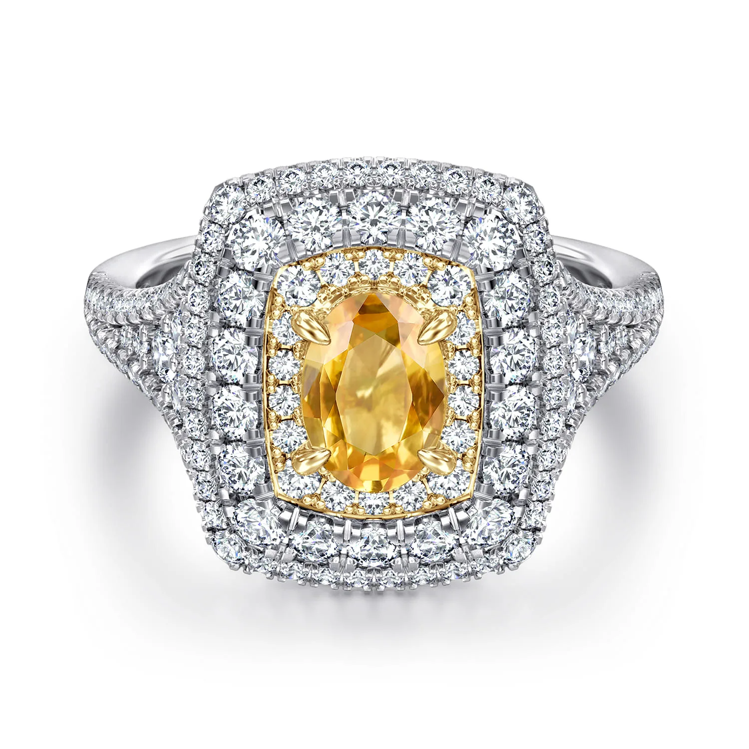 Oval Yellow Sapphire and Diamond Triple Halo Engagement Ring