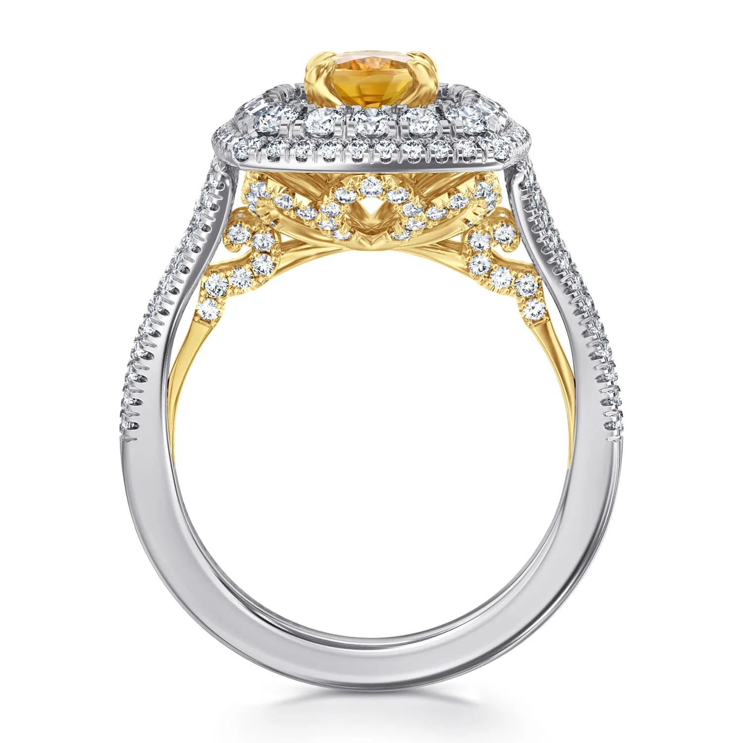 Oval Yellow Sapphire and Diamond Triple Halo Engagement Ring in 14K White/Yellow Gold, photograph 2