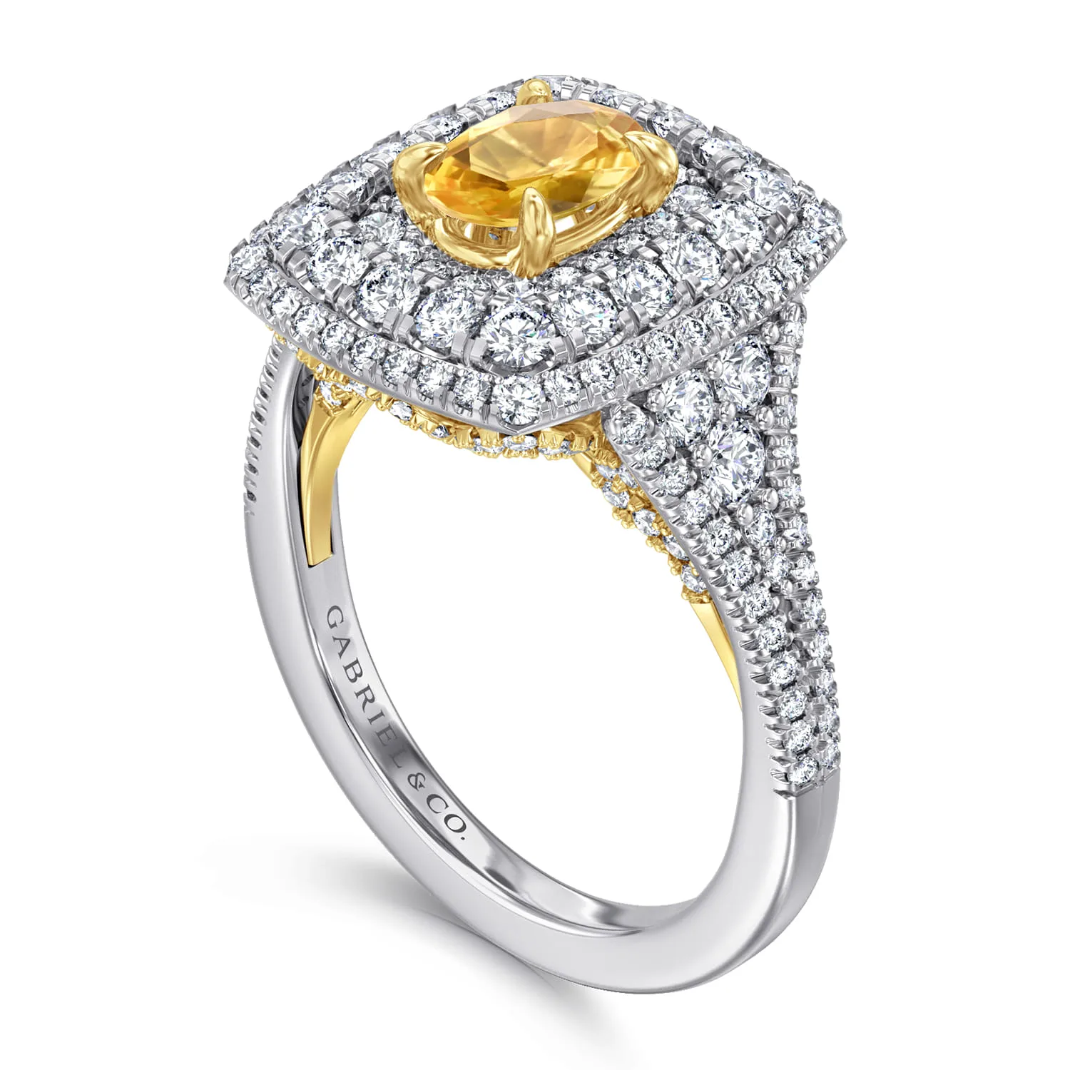 Oval Yellow Sapphire and Diamond Triple Halo Engagement Ring in 14K White/Yellow Gold, photograph 3