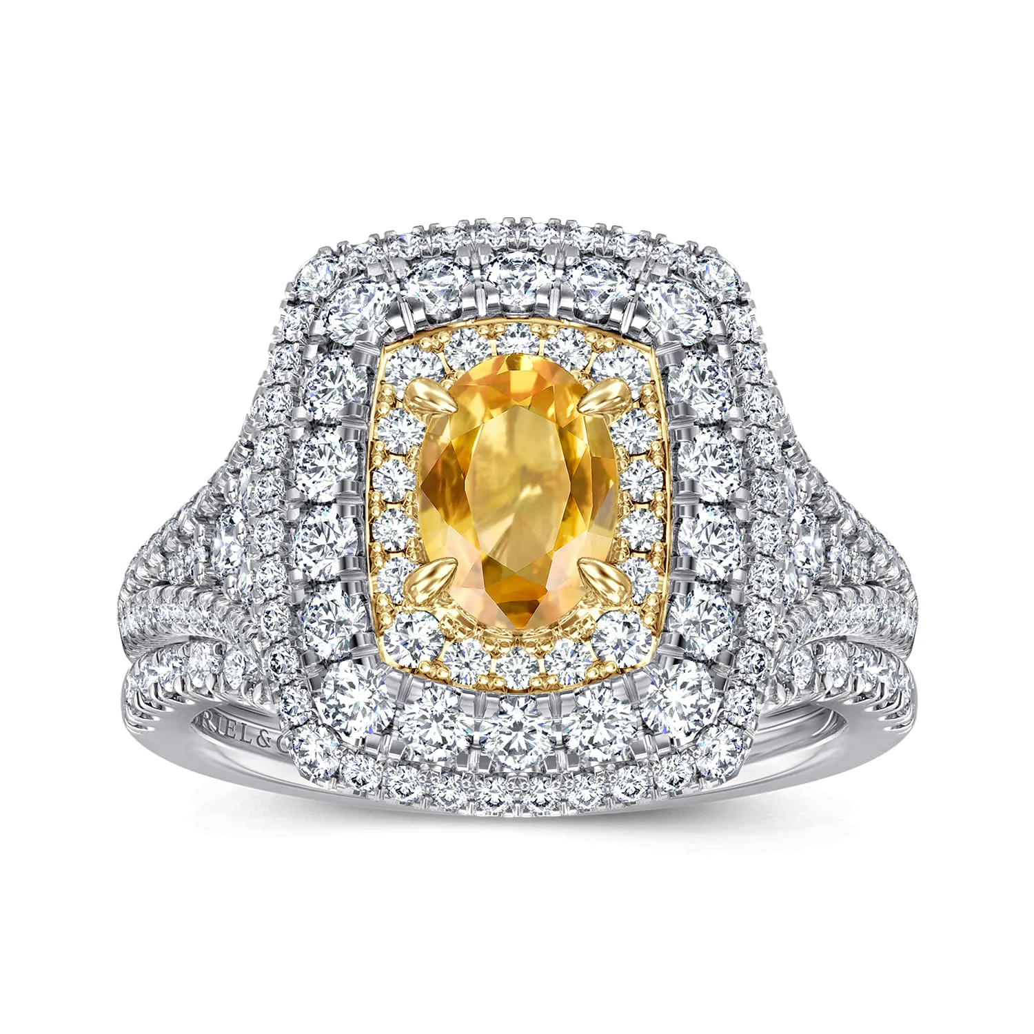 Oval Yellow Sapphire and Diamond Triple Halo Engagement Ring in 14K White/Yellow Gold, photograph 4