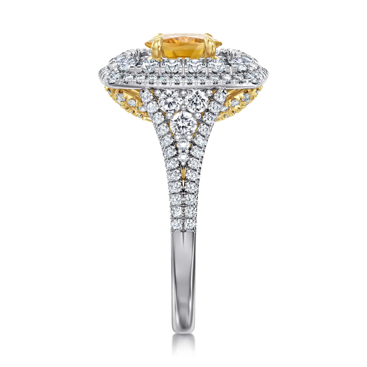 Oval Yellow Sapphire and Diamond Triple Halo Engagement Ring in 14K White/Yellow Gold, photograph 5