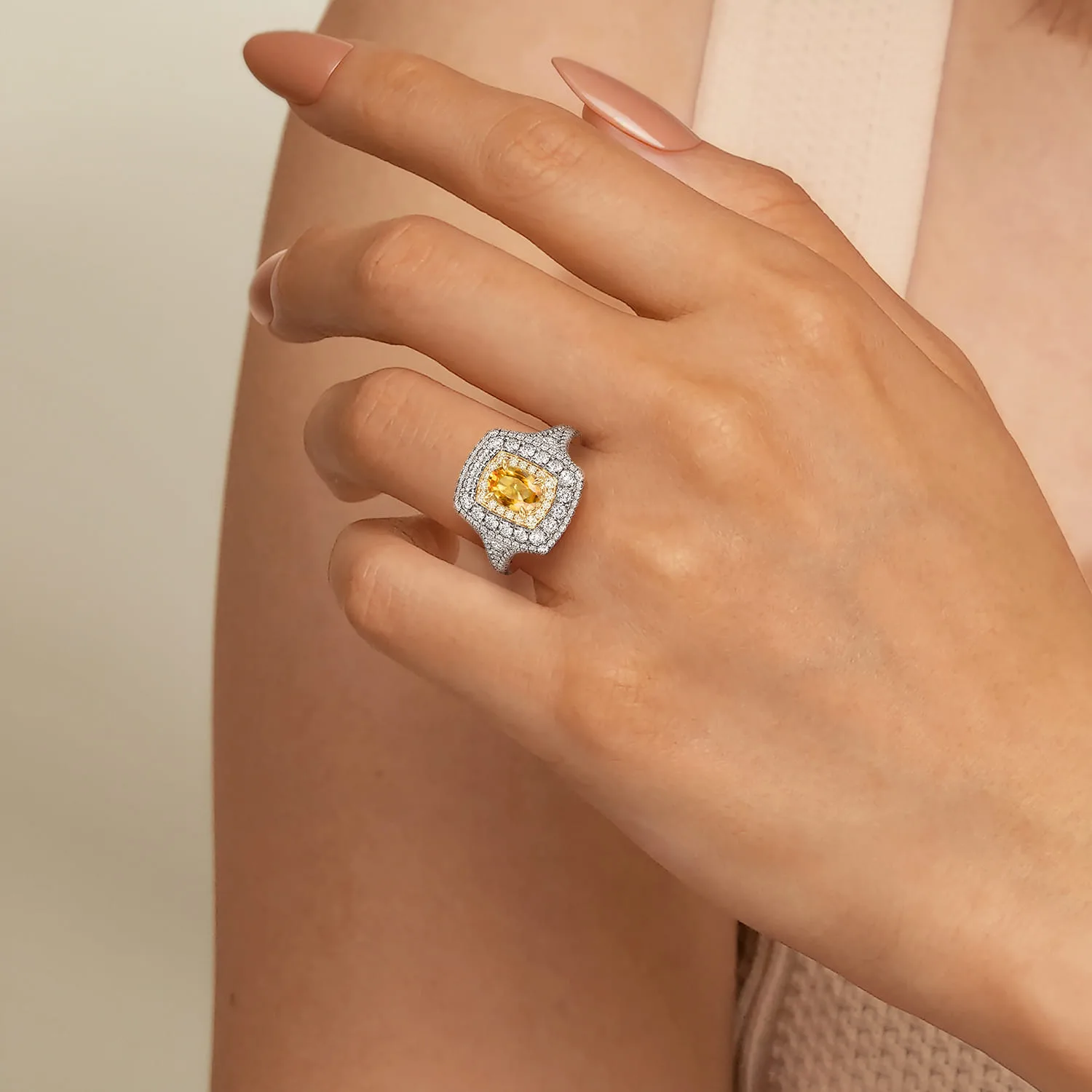 Oval Yellow Sapphire and Diamond Triple Halo Engagement Ring in 14K White/Yellow Gold, photograph 6