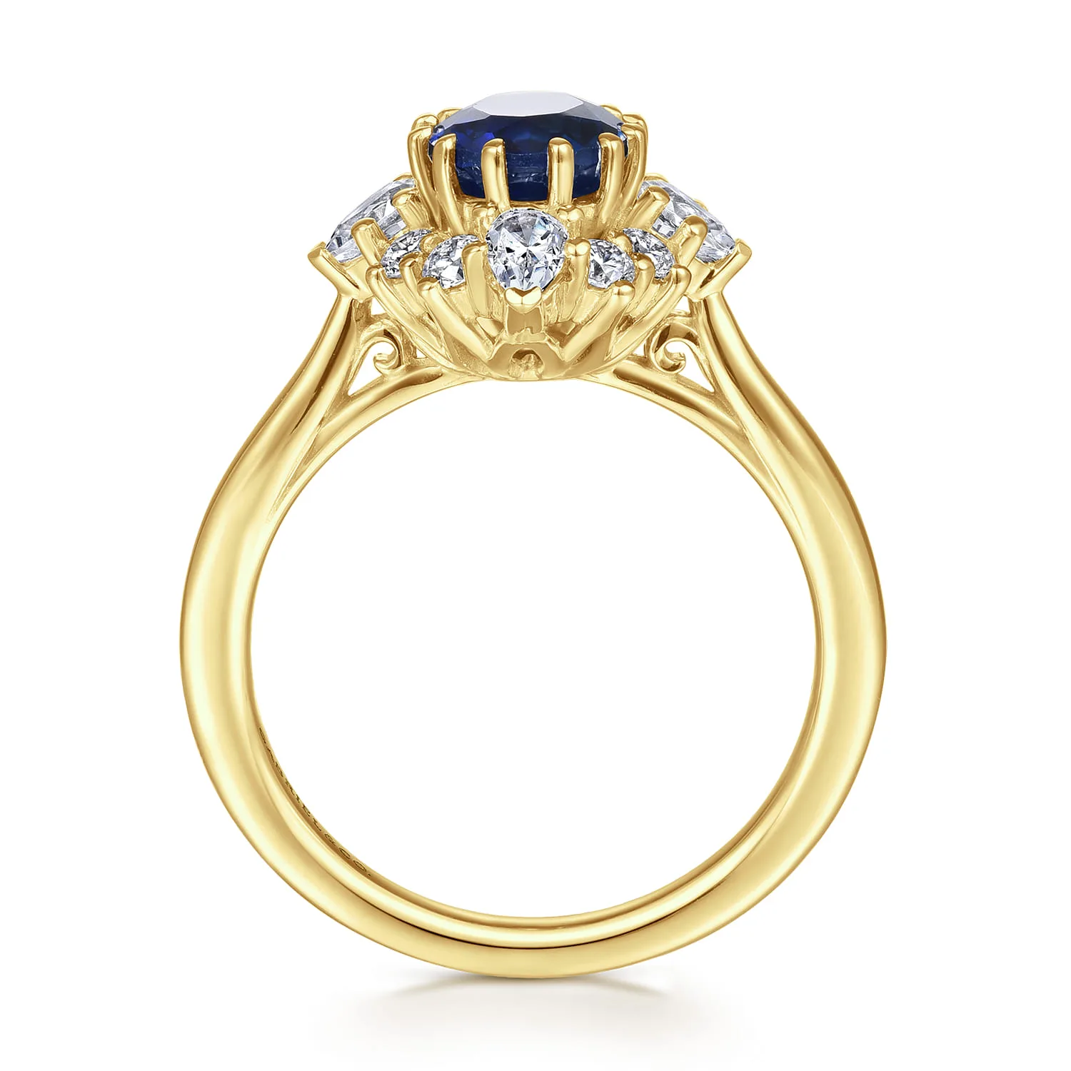 Oval Halo Sapphire and Diamond Engagement Ring in 14K Yellow Gold, photograph 2