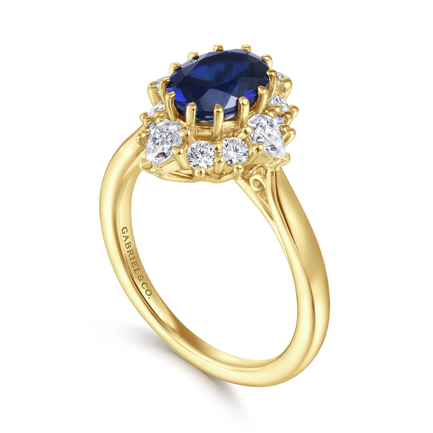 Oval Halo Sapphire and Diamond Engagement Ring in 14K Yellow Gold, photograph 3