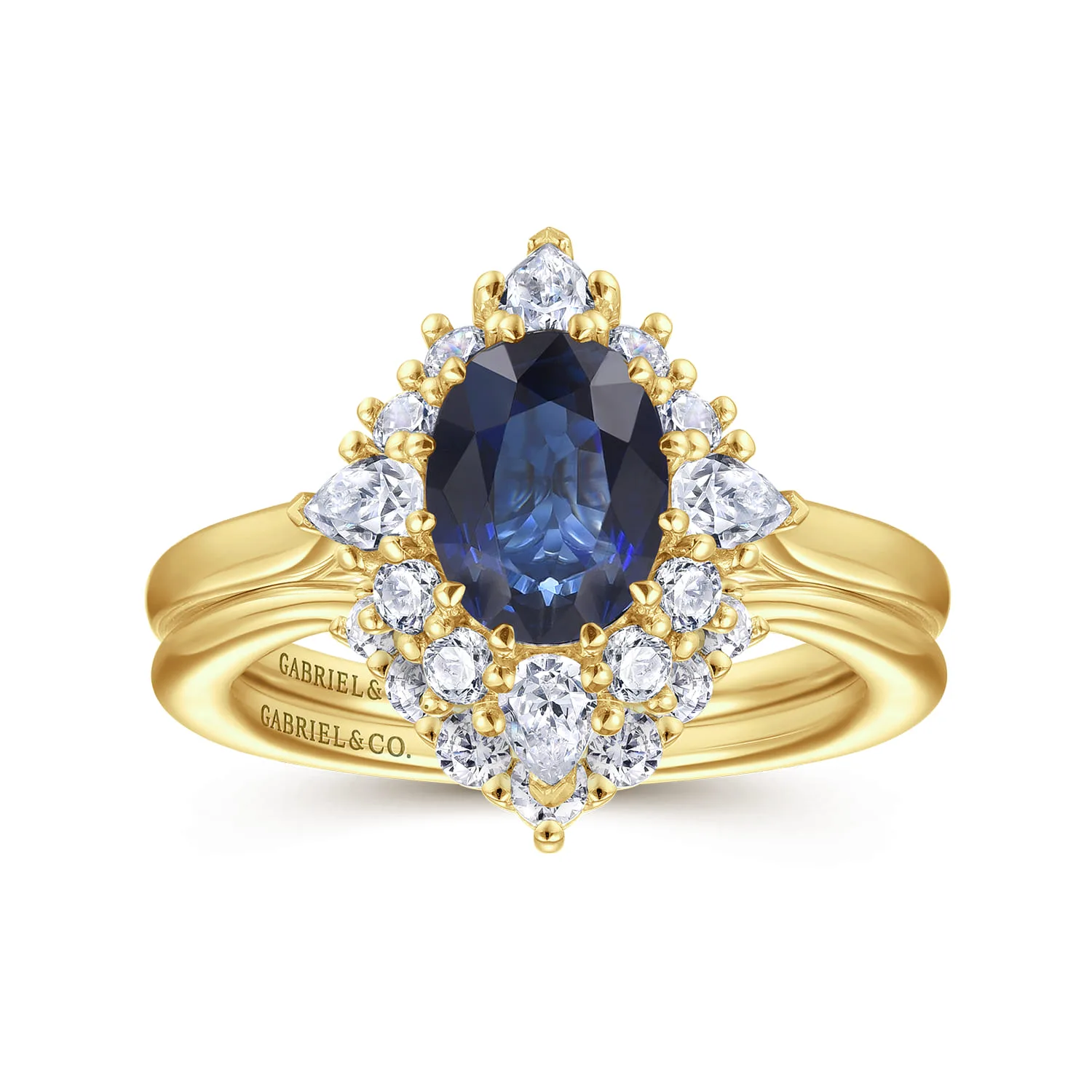 Oval Halo Sapphire and Diamond Engagement Ring in 14K Yellow Gold, photograph 4