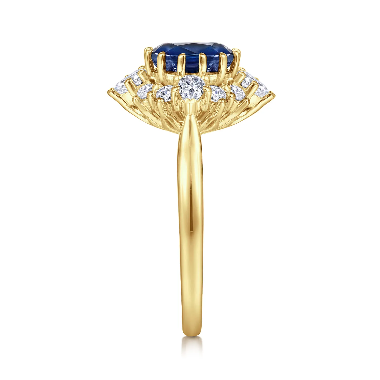 Oval Halo Sapphire and Diamond Engagement Ring in 14K Yellow Gold, photograph 5
