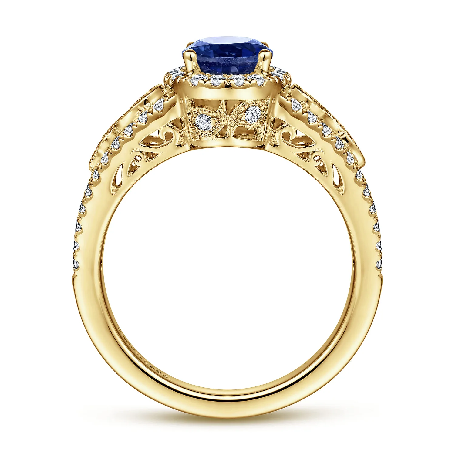 Oval Halo Sapphire and Diamond Engagement Ring in 14K Yellow Gold, photograph 2