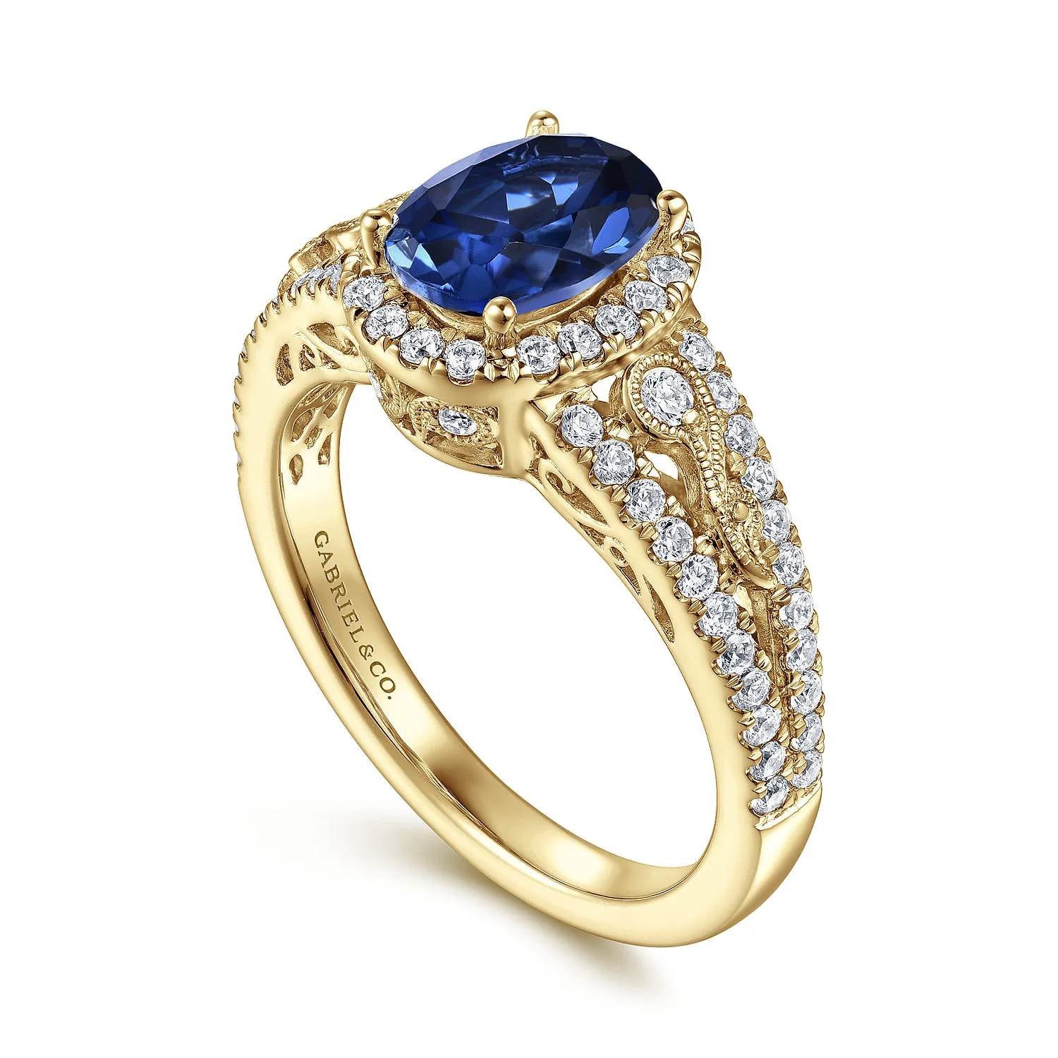 Oval Halo Sapphire and Diamond Engagement Ring in 14K Yellow Gold, photograph 3