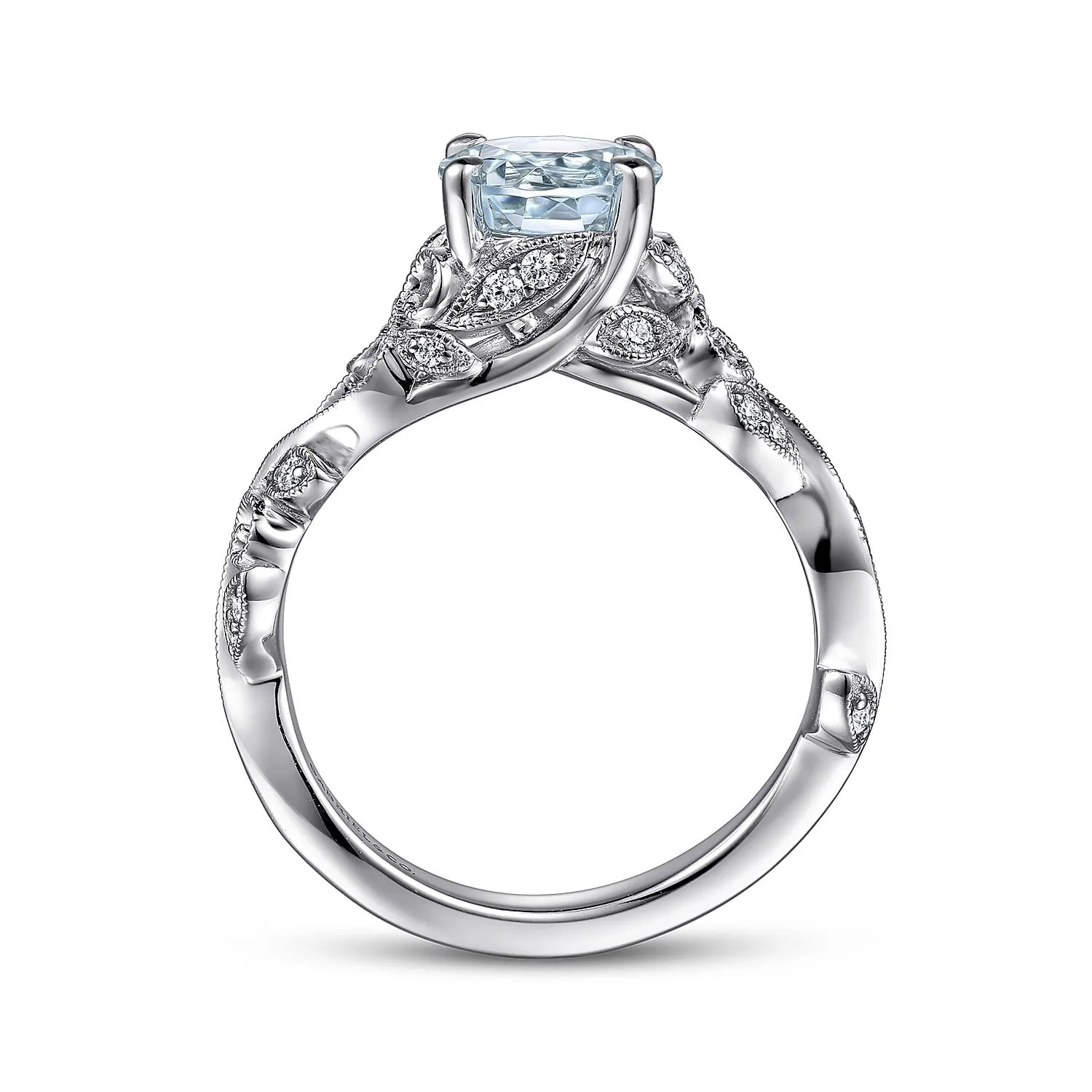 Split Foundation Round Aquamarine and Diamond Engagement Ring in 14K White Gold, photograph 2