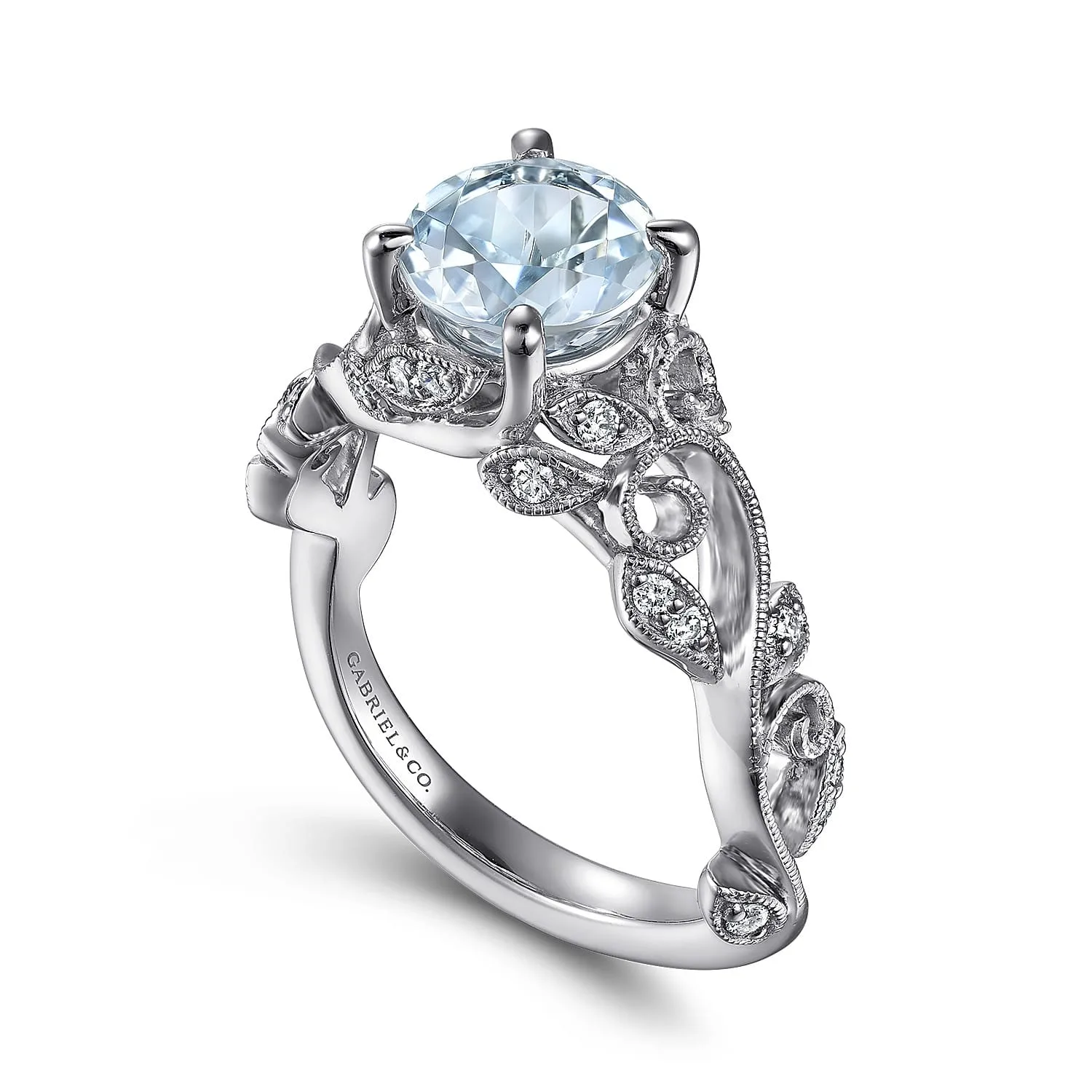 Split Foundation Round Aquamarine and Diamond Engagement Ring in 14K White Gold, photograph 3
