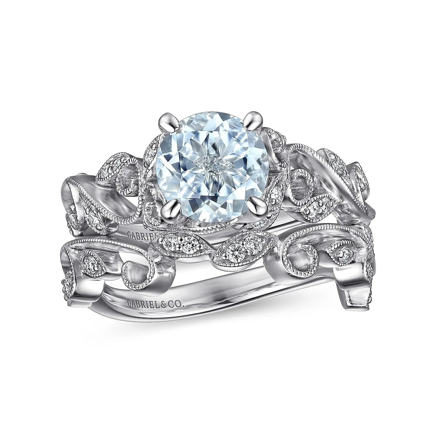 Split Foundation Round Aquamarine and Diamond Engagement Ring in 14K White Gold, photograph 4