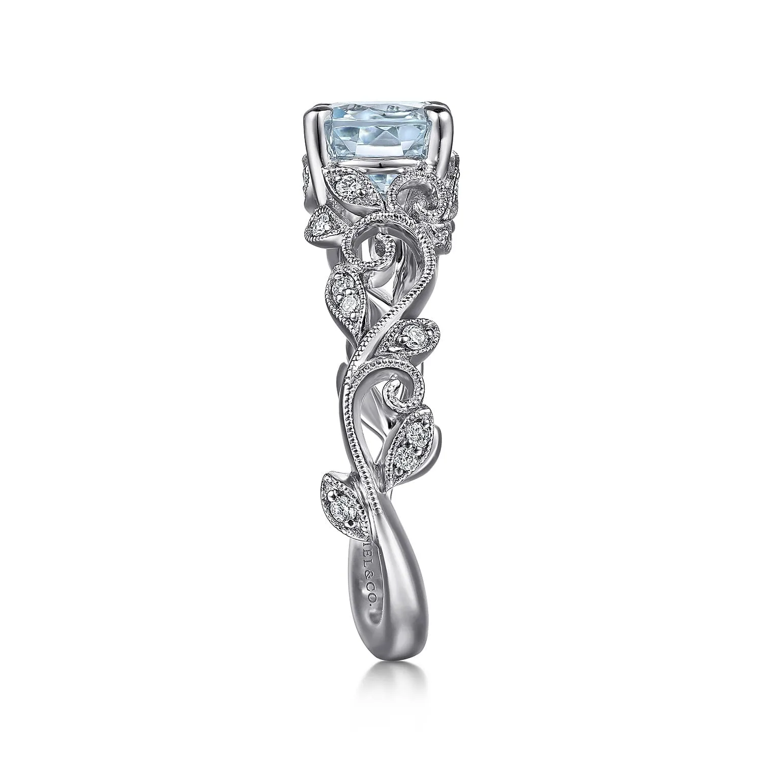 Split Foundation Round Aquamarine and Diamond Engagement Ring in 14K White Gold, photograph 5