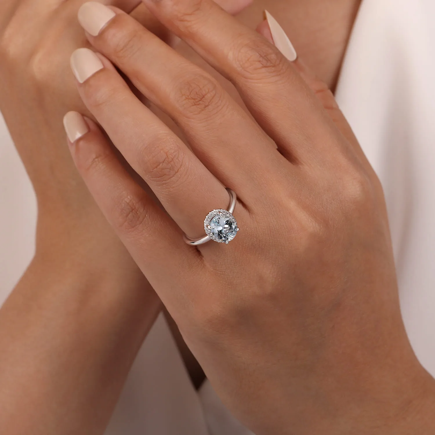 Oval Halo Aquamarine and Diamond Engagement Ring in 14K White Gold, photograph 6