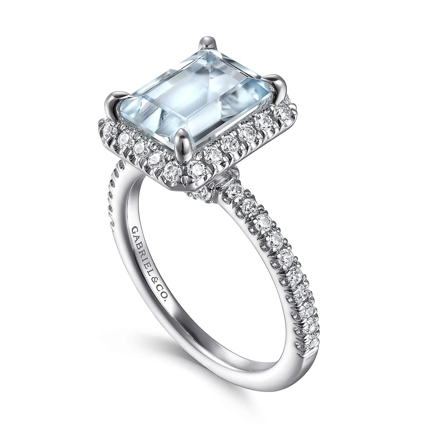 Emerald Halo Aquamarine and Diamond Engagement Ring in 14K White Gold, photograph 3