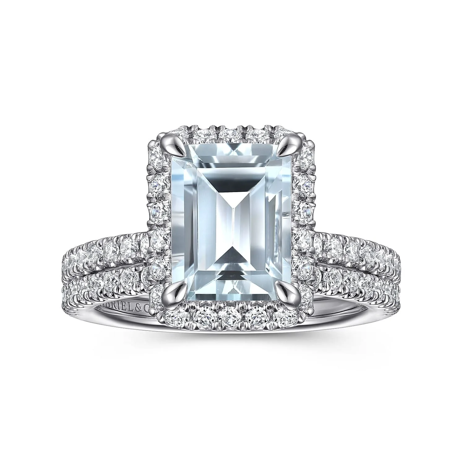 Emerald Halo Aquamarine and Diamond Engagement Ring in 14K White Gold, photograph 4