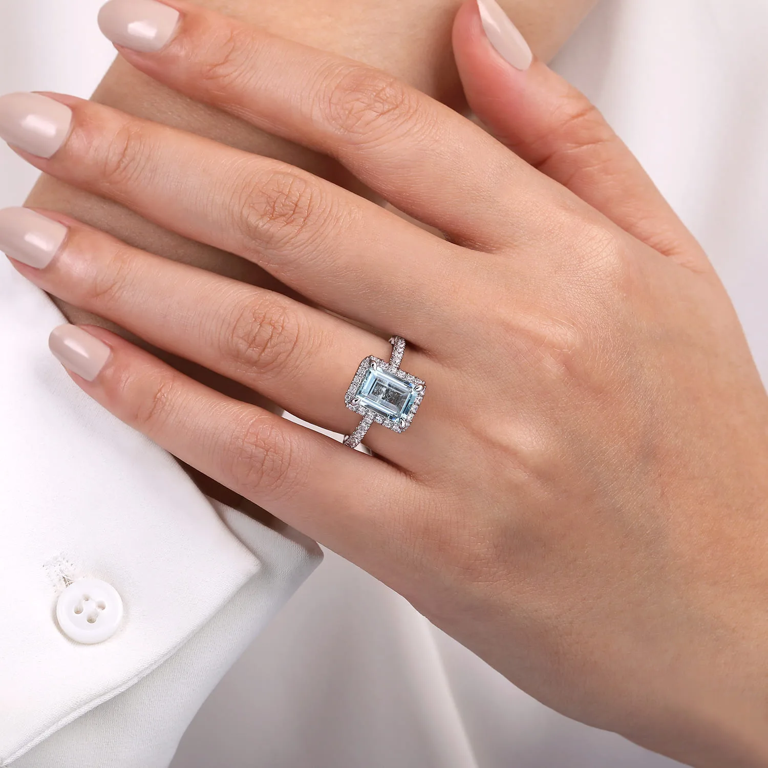 Emerald Halo Aquamarine and Diamond Engagement Ring in 14K White Gold, photograph 6
